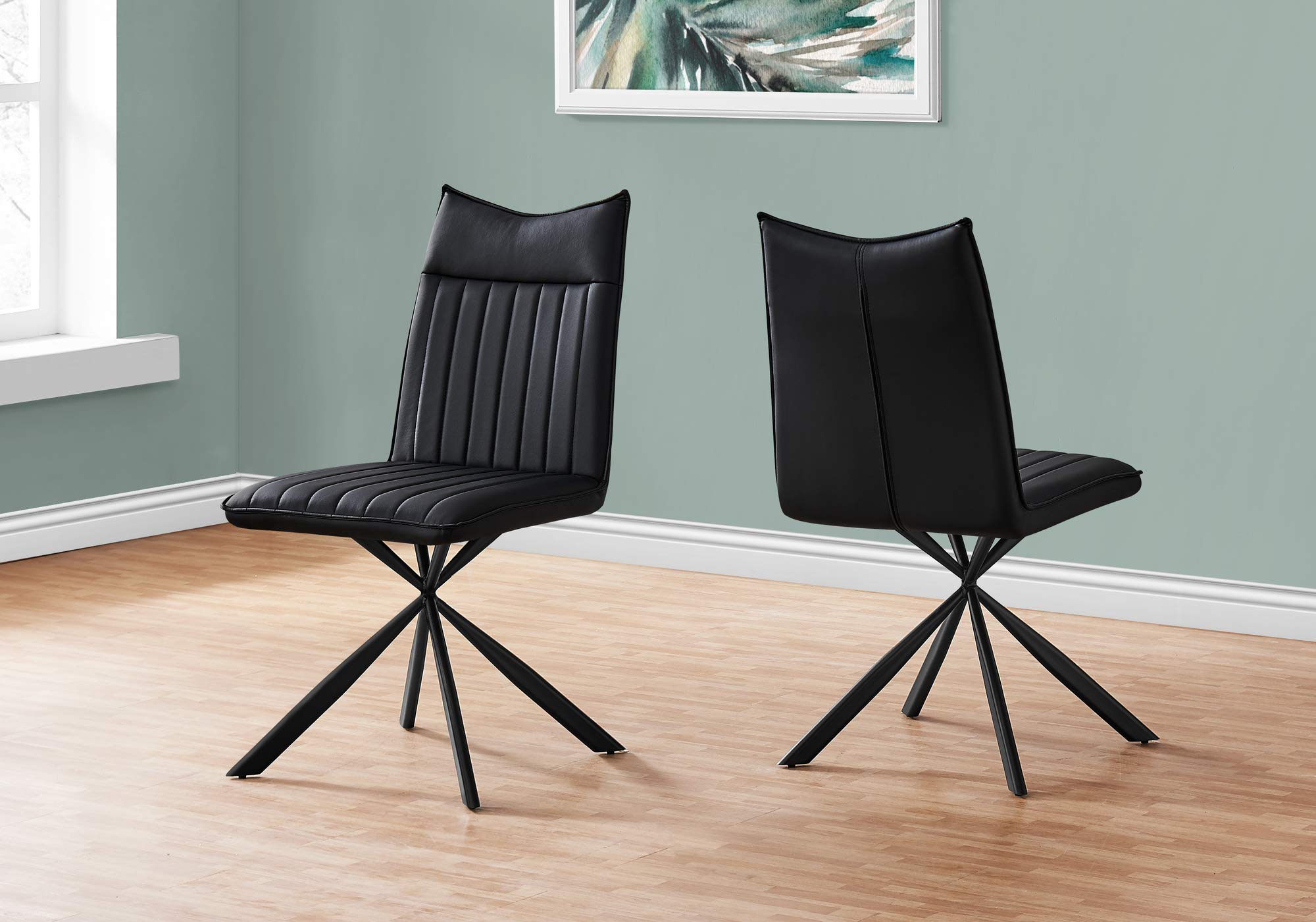 Monarch Specialties 1215, Set Of 2, Side, Upholstered, Kitchen, Room, Pu, Contemporary, Modern Dining Chair, 18.5&quot; L X 23.50&quot; W X 36.25&quot; H, Black Leather-Look/Black Metal