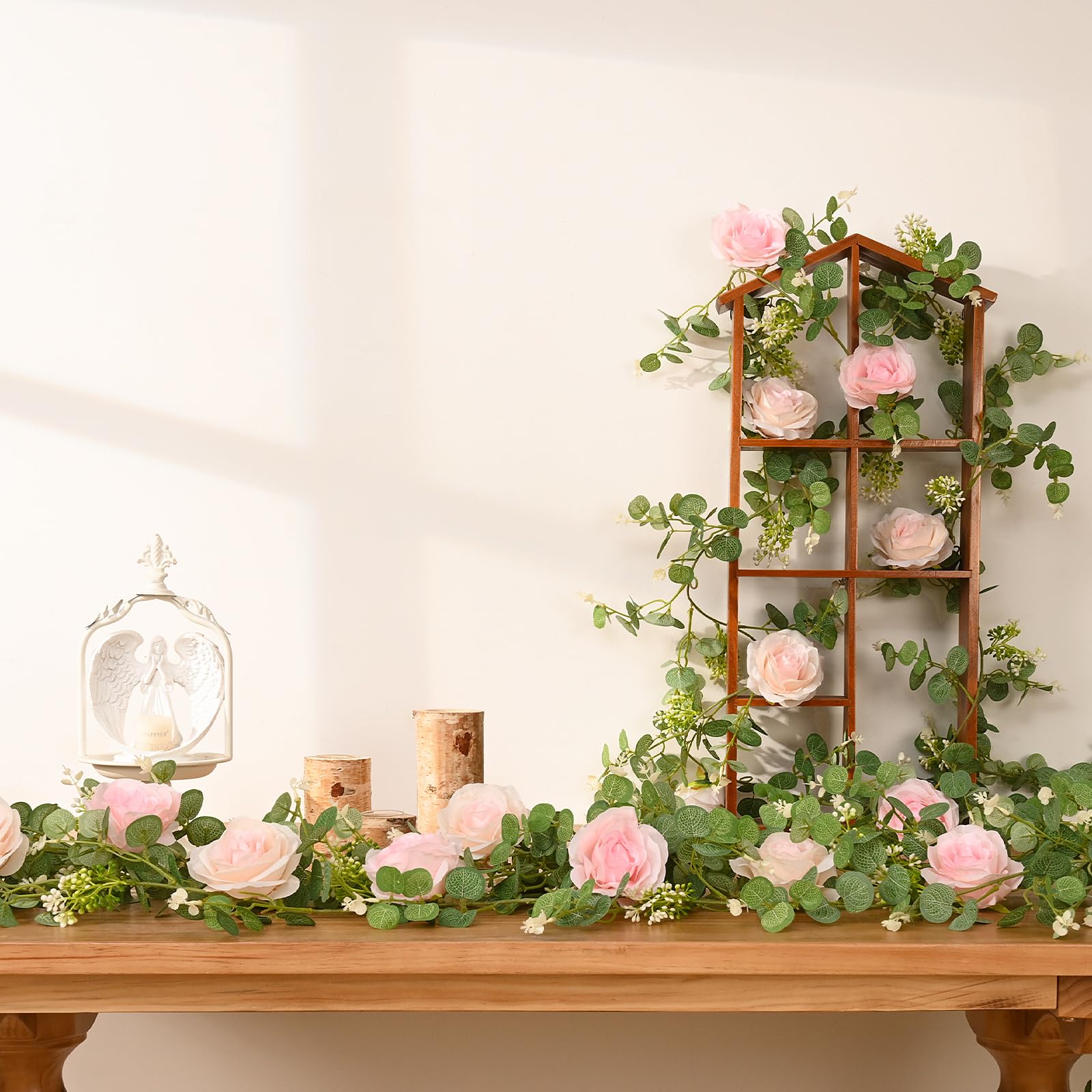 Dolicer 2Pcs 13Ft Artificial Eucalyptus Garlands With Flowers - 8 Roses, Faux Floral Greenery Garlands Fake Flowers Vines For We