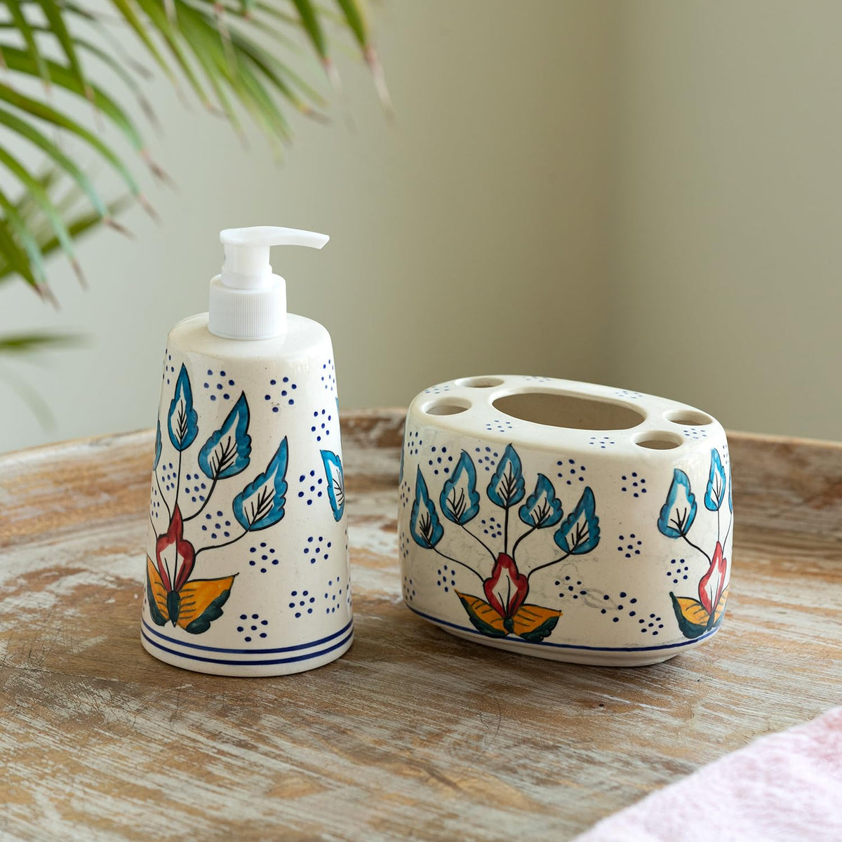 ExclusiveLane Mughal Flora HandPainted Ceramic Bathroom Accessory Set of 2 Ceramic (Liquid Soap Dispenser for Washbasin,Tooth