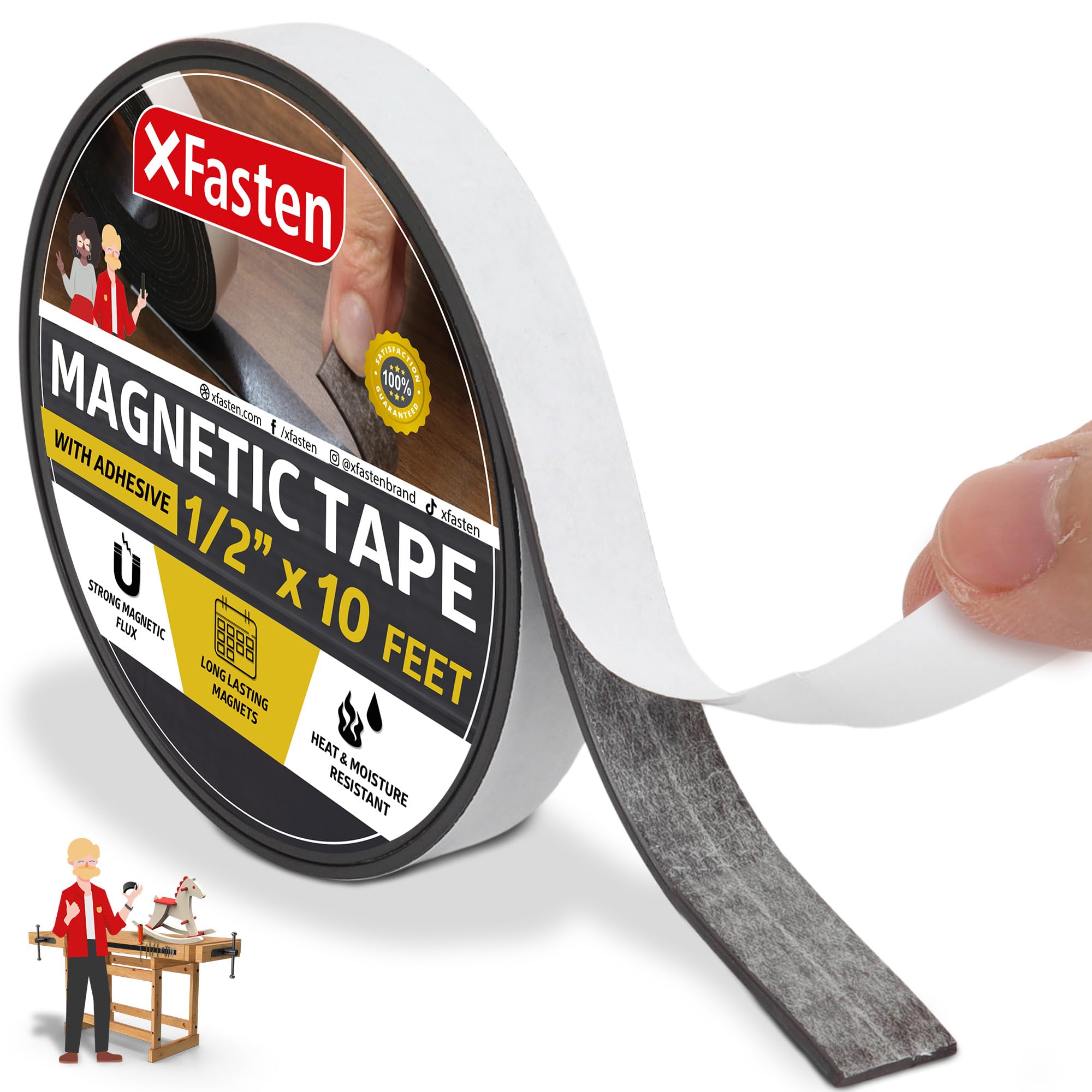 Xfasten Magnetic Tape Strip Roll, 1/2-Inch X 10-Foot, Self-Adhesive, Peel And Stick On Double-Sided Magnet Strips For Fridge, Cr