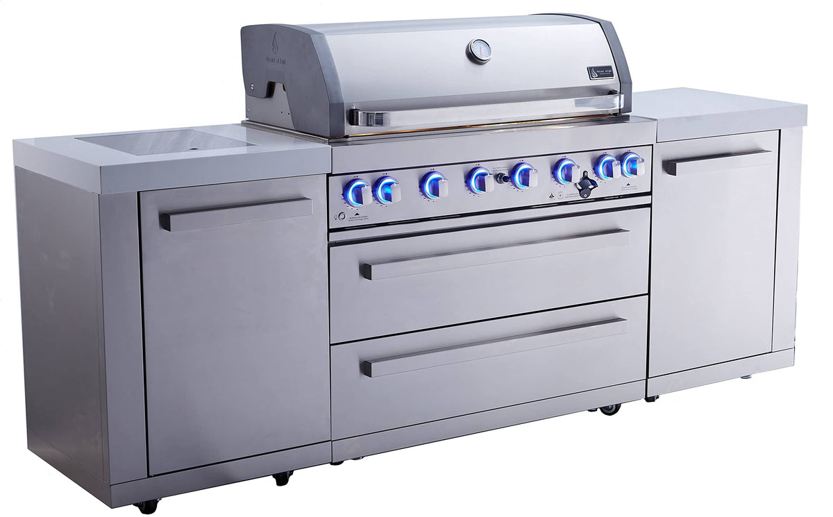 Mont Alpi Mai805 44-Inch 6-Burner 115000 Btu Stainless Steel Gas Outdoor Kitchen Bar Barbecue Modular Island Grill + Infrared Si