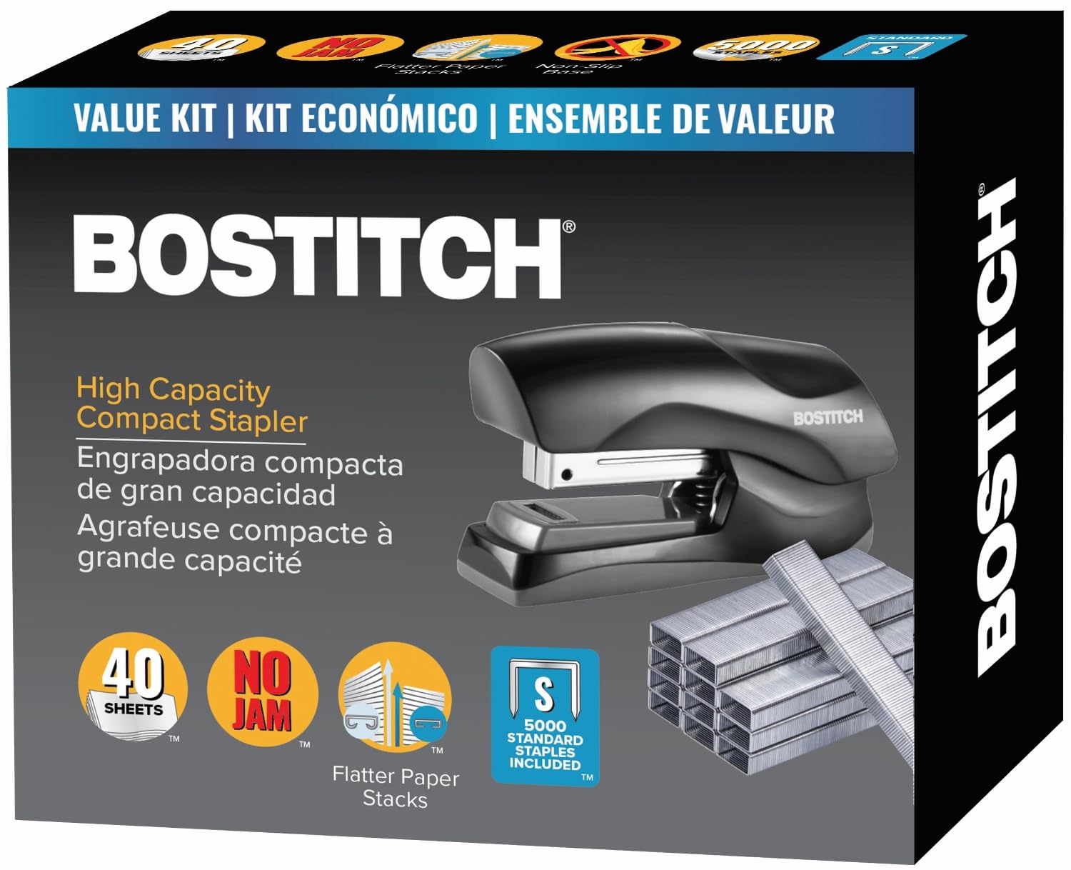 Bostitch Stapler With Staples Value Pack Set, Heavy Duty Stand Up Stapler, Black, 40 Sheet Capacity With 5000 Staples, Small Sta
