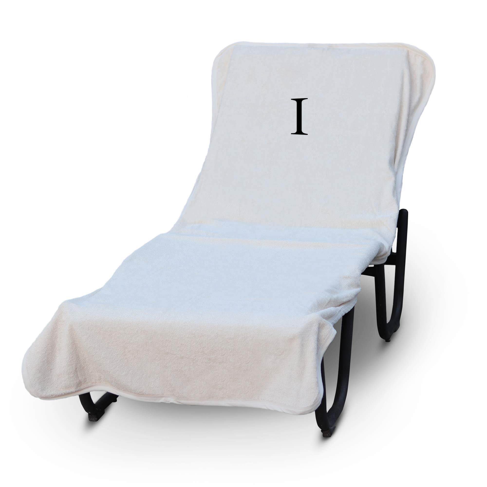 Luxury Hotel & Spa Monogrammed Pool Chaise Lounge Cover, Block Letter Embroidered - Extra Absorbent 100% Turkish Cotton- Soft Terry - Hotel-Style, Standard Size 90' X 29' - White - Black Letter I