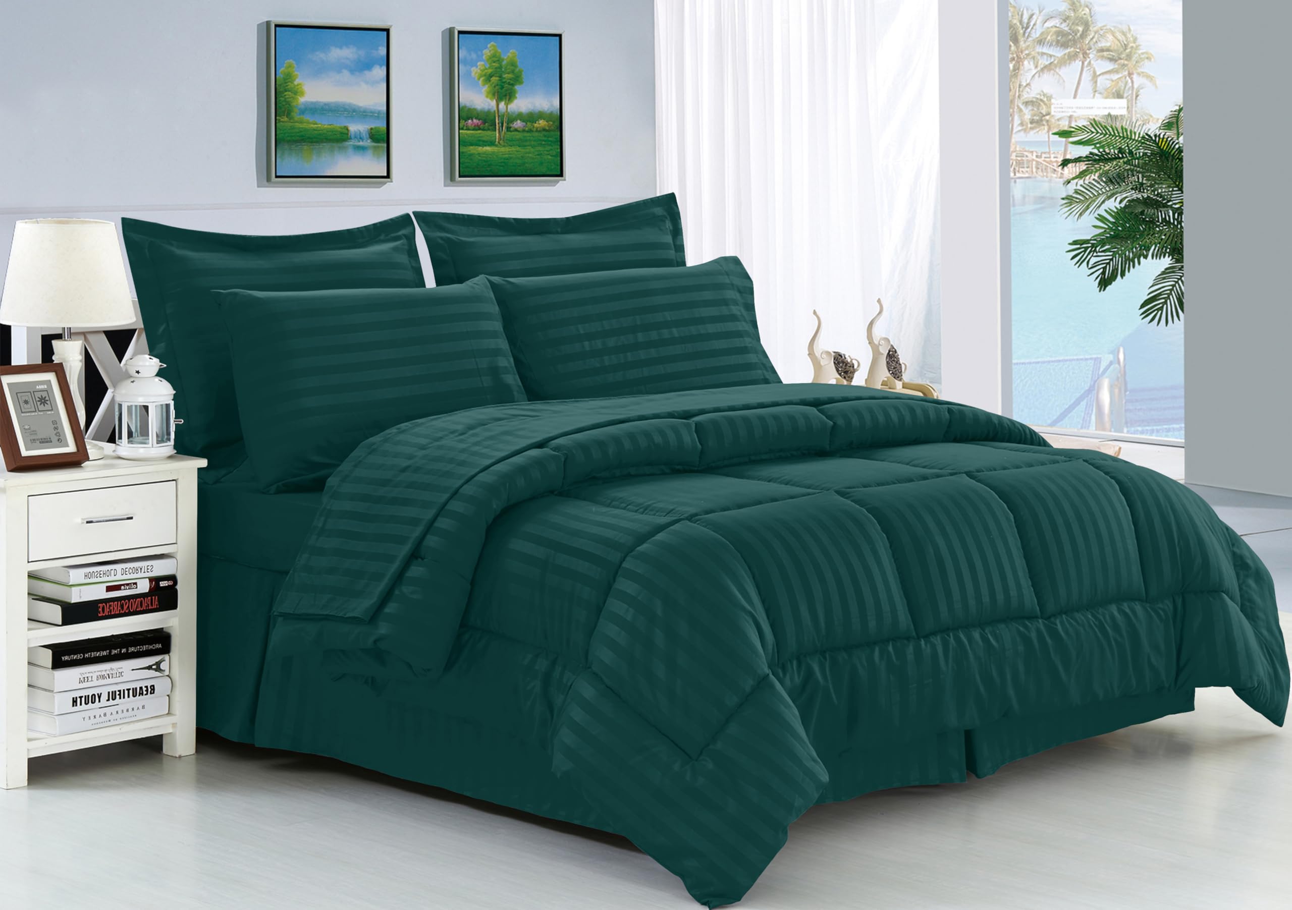 Elegant Comfort Silky Soft 8-Piece Dobby Stripe Bed-In-A-Bag Comforter Set, Includes 4Pc Smart Sheet Set, Bed Skirt, Comforter, Matching Pillowcases And Shams - King/California King, Marine Teal