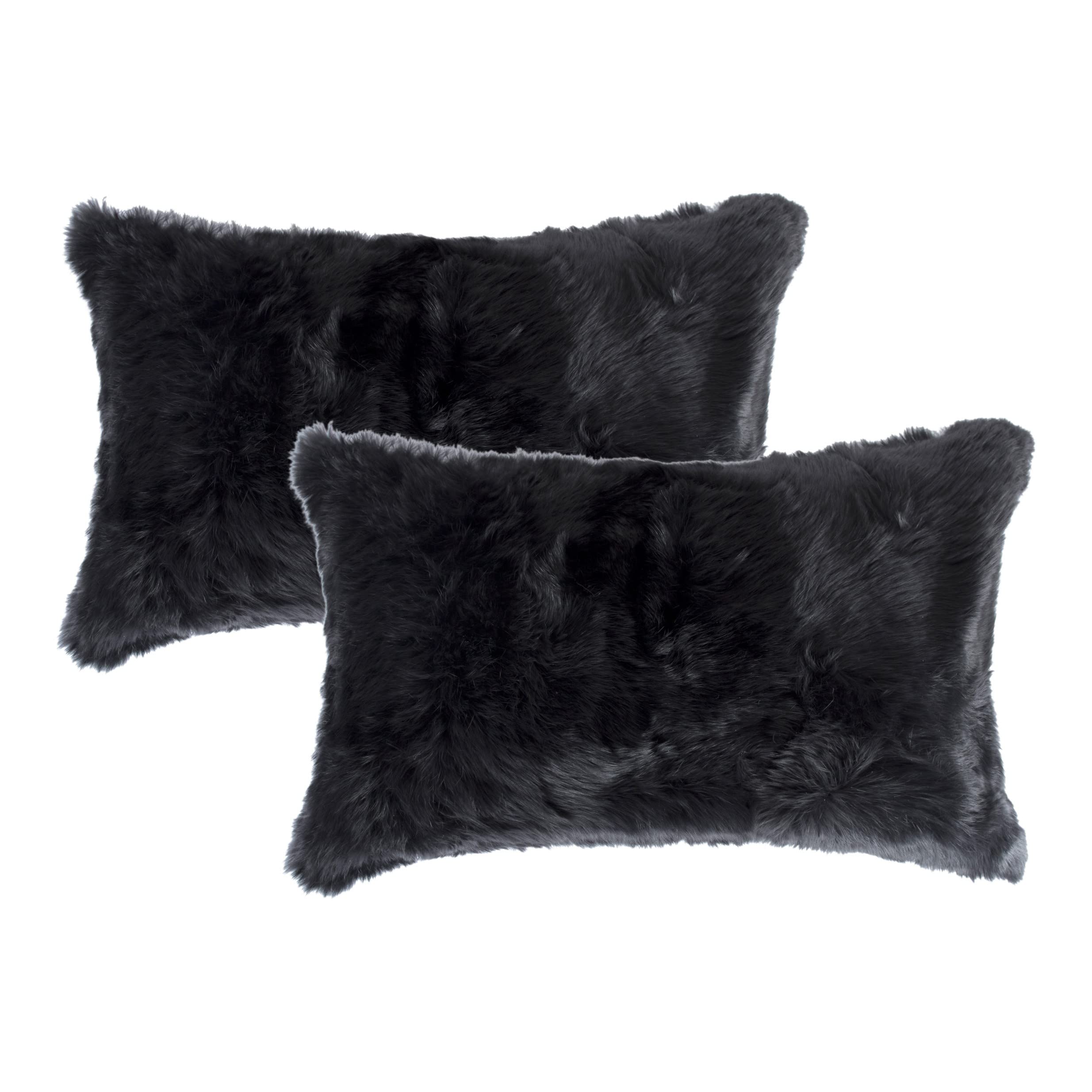 HomeRoots 100% Natural Rabbit Fur and Microsuede Set of Two 12' X 20' Black Rabbit Natural Fur Throw Pillows