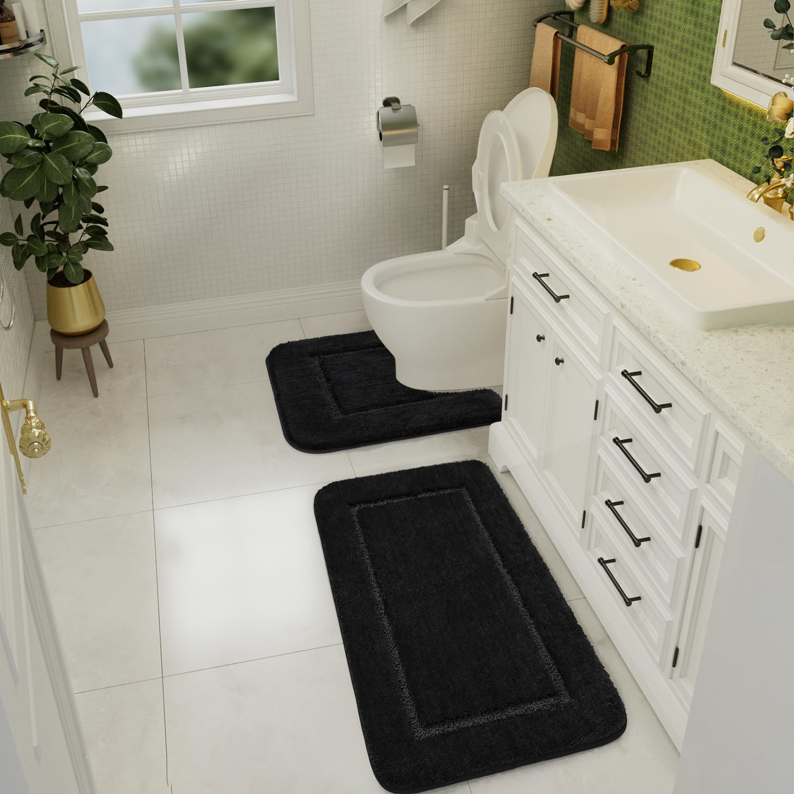 Lochas Bathroom Rug Set Black, Soft Bath Rug Set 2 Piece Set, Toilet Mat U-Shaped 20X20 And 34X20 Bathroom Rugs, Quickly Dry Mat