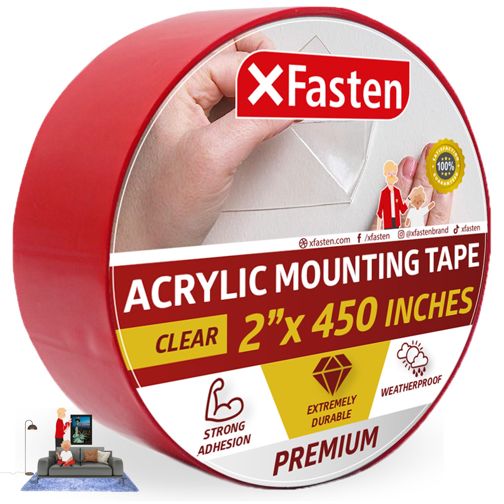 Xfasten Acrylic Mounting Tape, 2-Inch X 450-Inch - Outdoor And Indoor Super Strong Double Sided Weatherproof Mounting Tape, Remo
