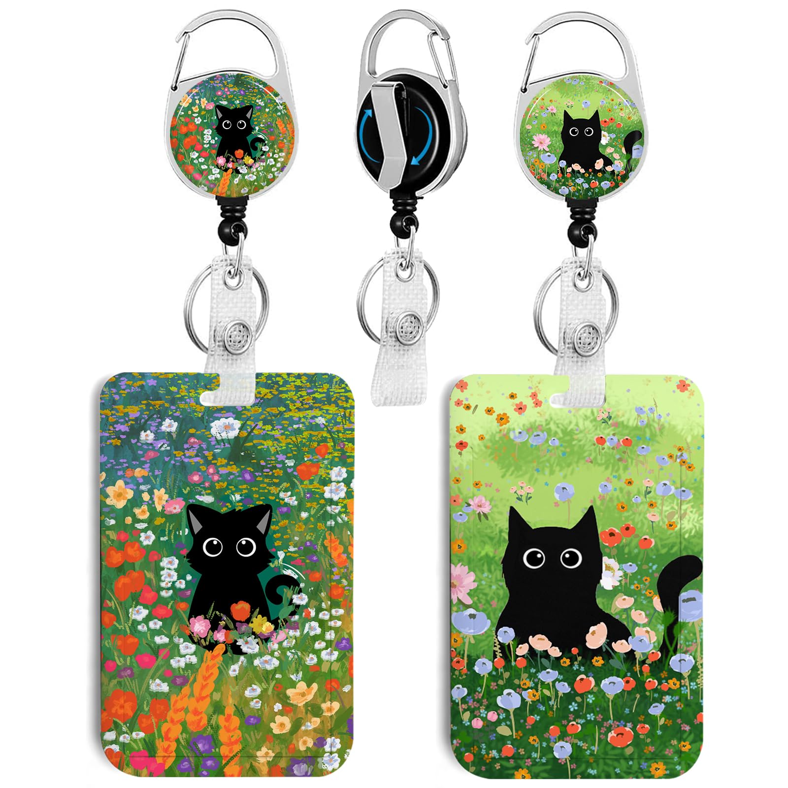 2 Pack Cat Hiding In The Flowers Id Badge Holder With Clip Badge Reels Retractable Heavy Duty,Keychain,Id Holder For School Nurs
