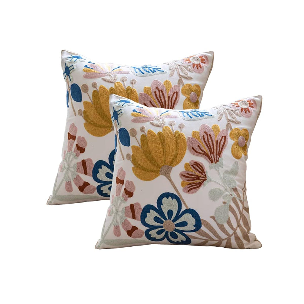 Yicabinet Pillow Covers Set Of 2, Embroidered Flower Pattern Throw Pillow Cover,Square Cotton Cushion,Pillow Case For Sofa Bedro