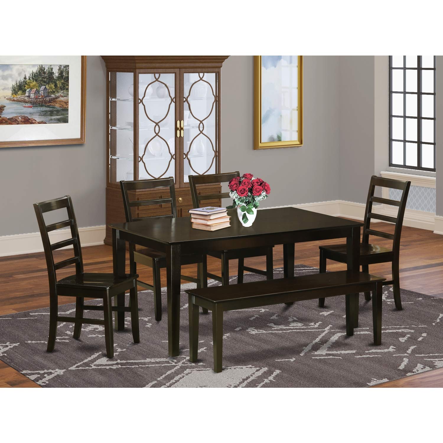 East West Furniture CAPF6-CAP-W 6 Piece Set Contains a Rectangle Wooden Table and 4 Dining Room Chairs with a Bench, 36x60 Inch