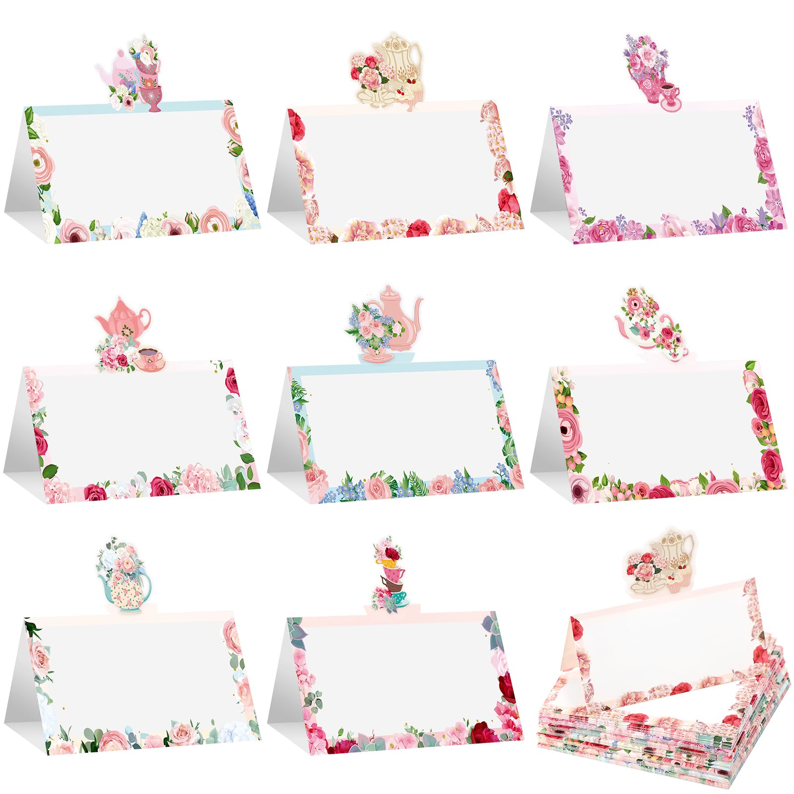 Fullhawl 48 Pcs Tea Party Theme Place Card Floral Tea Party Themed Tent Style Cards Teapot Seating Name Tags Flower Place Card H