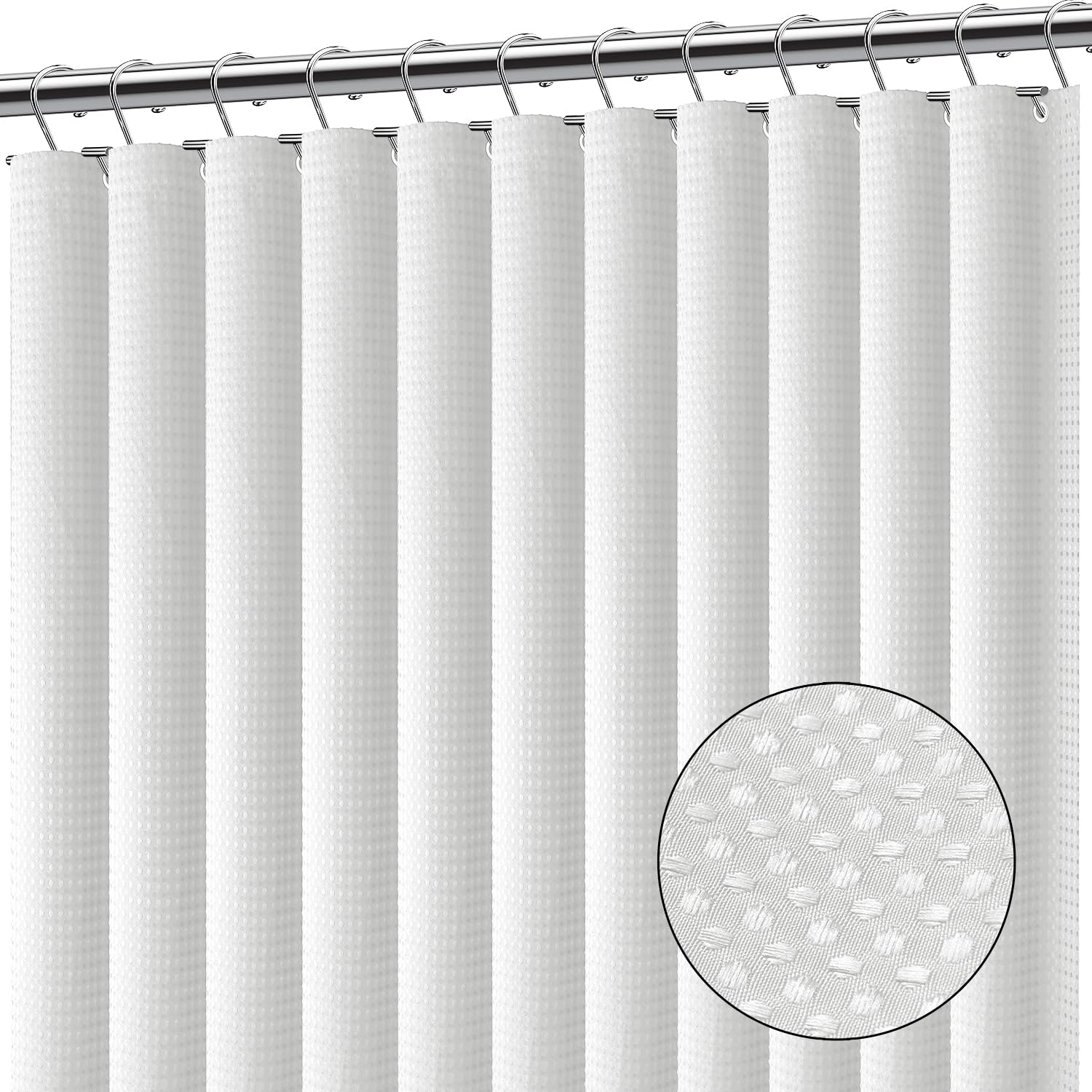 Clara Clark White Shower Curtain - Waterproof Shower Curtains For Bathroom, Waffle Shower Curtain Fabric, Heavy Duty Bathroom Cu