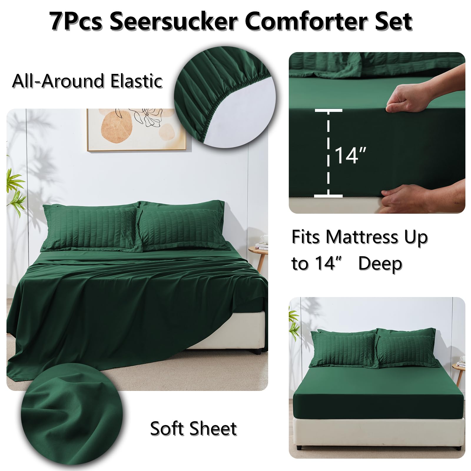 Cozylux King Seersucker Comforter Set With Emerald Green Bed In A Bag 7-Piece All Season Bedding Set With Comforter, Pillow Sham, Flat Sheet, Fitted Sheet, Pillowcase