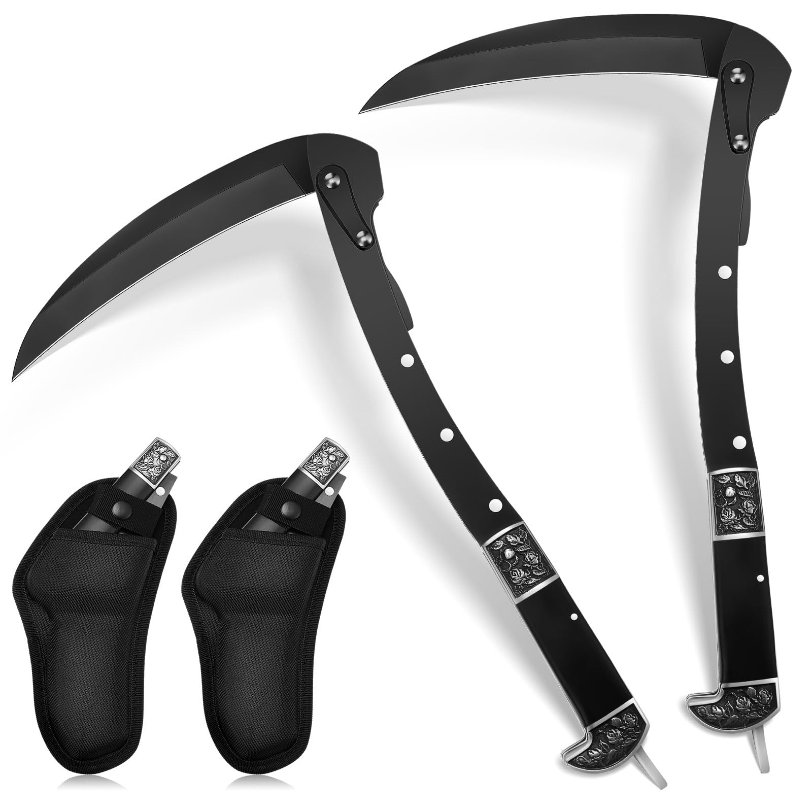 Leriton 2 Pcs Black Sharp Folding Sickle 14.6 Inch Grass Hand Sickle Knife Wooden Handle Portable Safety Manual Sickle Garden To