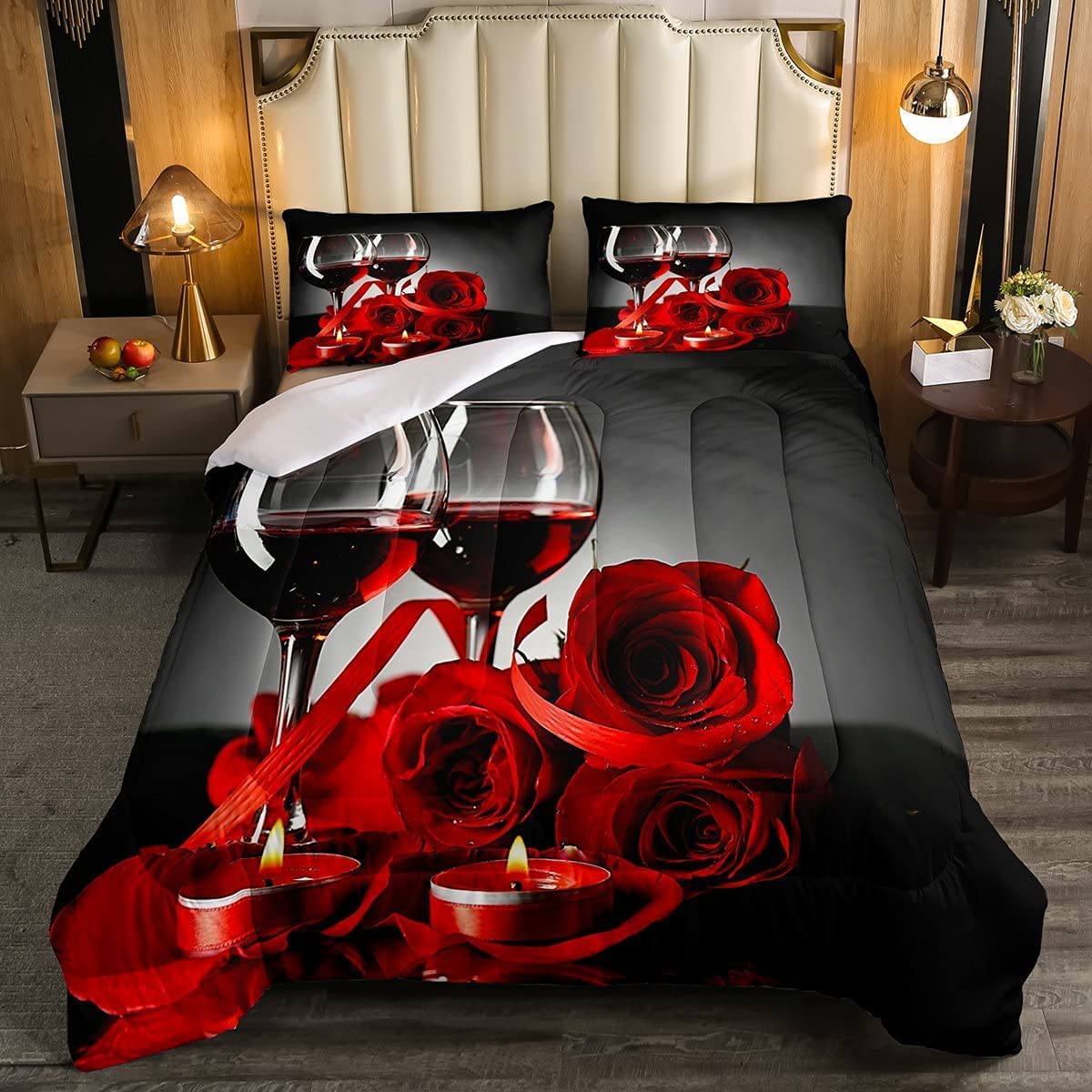 Erosebridal Rose Wine Glass Comforter Set For Girls Red Black Rose Bedding Set King Size Floral Blossom Quilt Set Banquet Flower