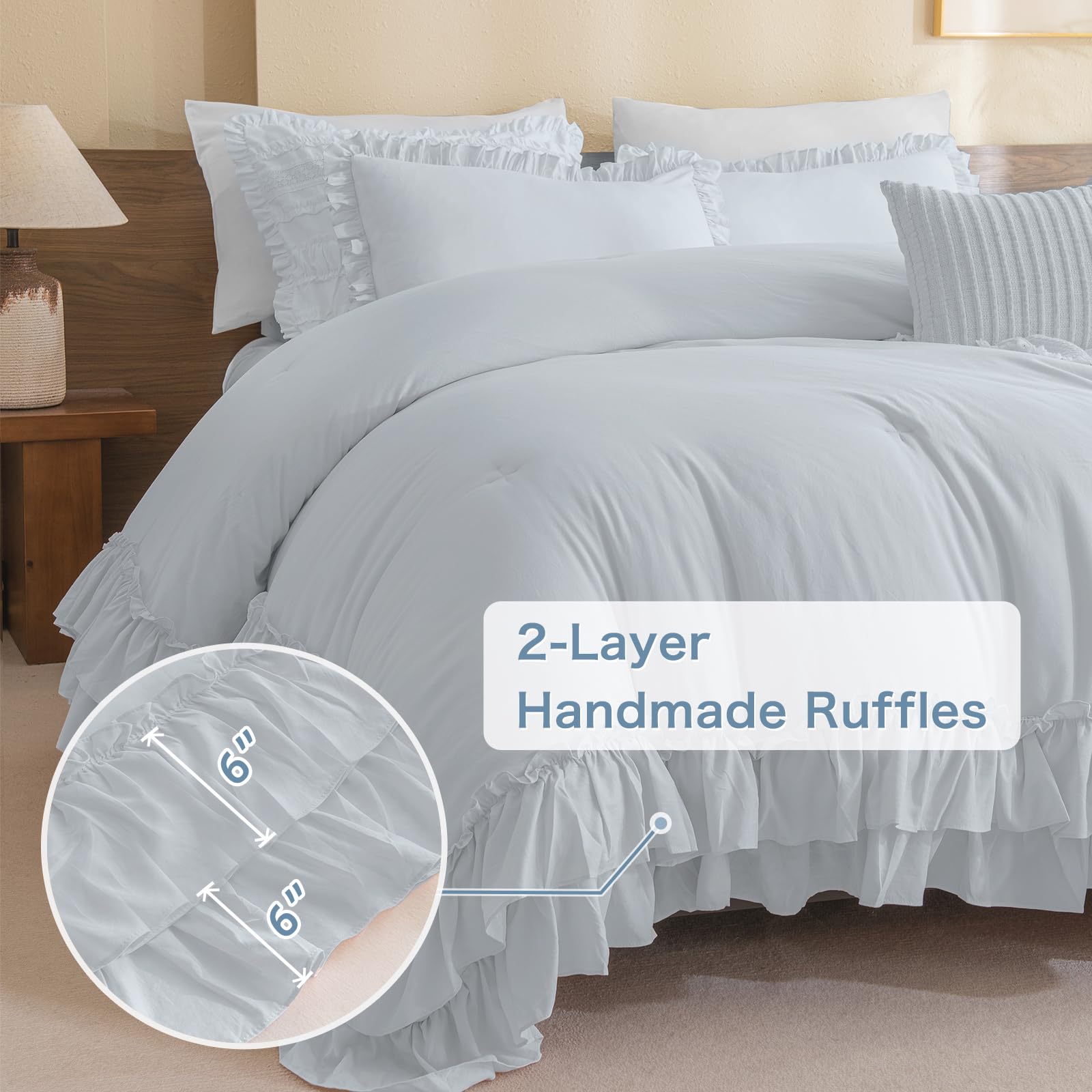 Masaca Ruffled Comforter Set For Queen Bed,3 Pieces Vintage Farmhouse Shabby Bedding Set Lightweight Ultra Soft French Country B