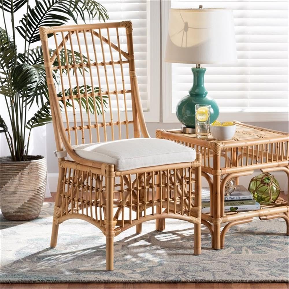 Baxton Studio Rose Modern Bohemian White Fabric Upholstered and Natural Brown Rattan Dining Chair
