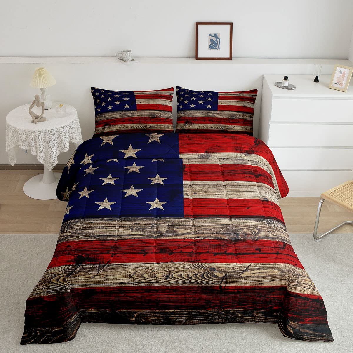 Castle Fairy American Flag Comforter Set Twin Size For Kids Boys, Wooden Planks Painted As Usa Flag Patriotic Country Style, Roo
