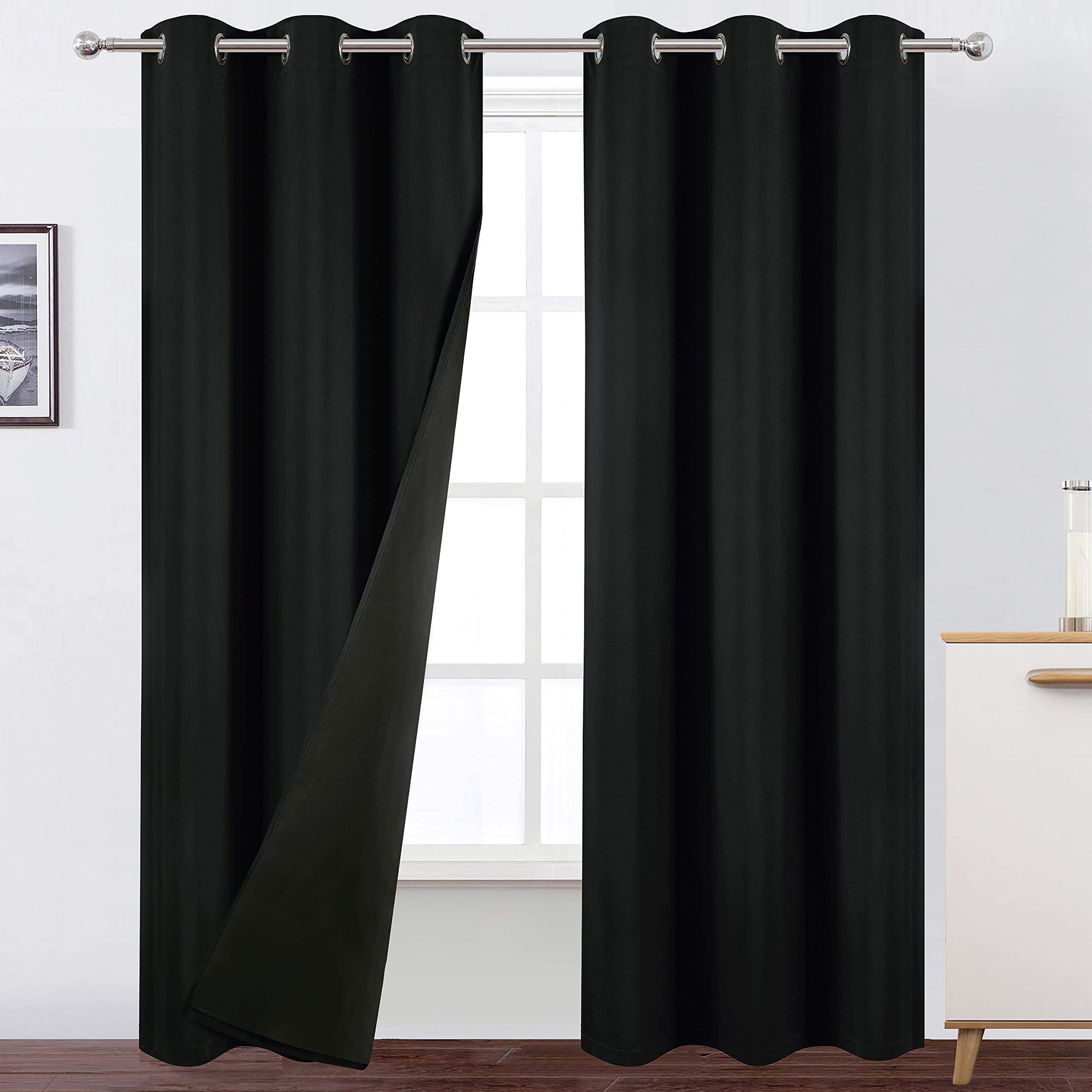 Lemomo 100% Blackout Curtains 40 X 84 Inch/Black Curtains 2 Panels With Black Lining Room Darkening Thermal Insulated Bedroom Cu