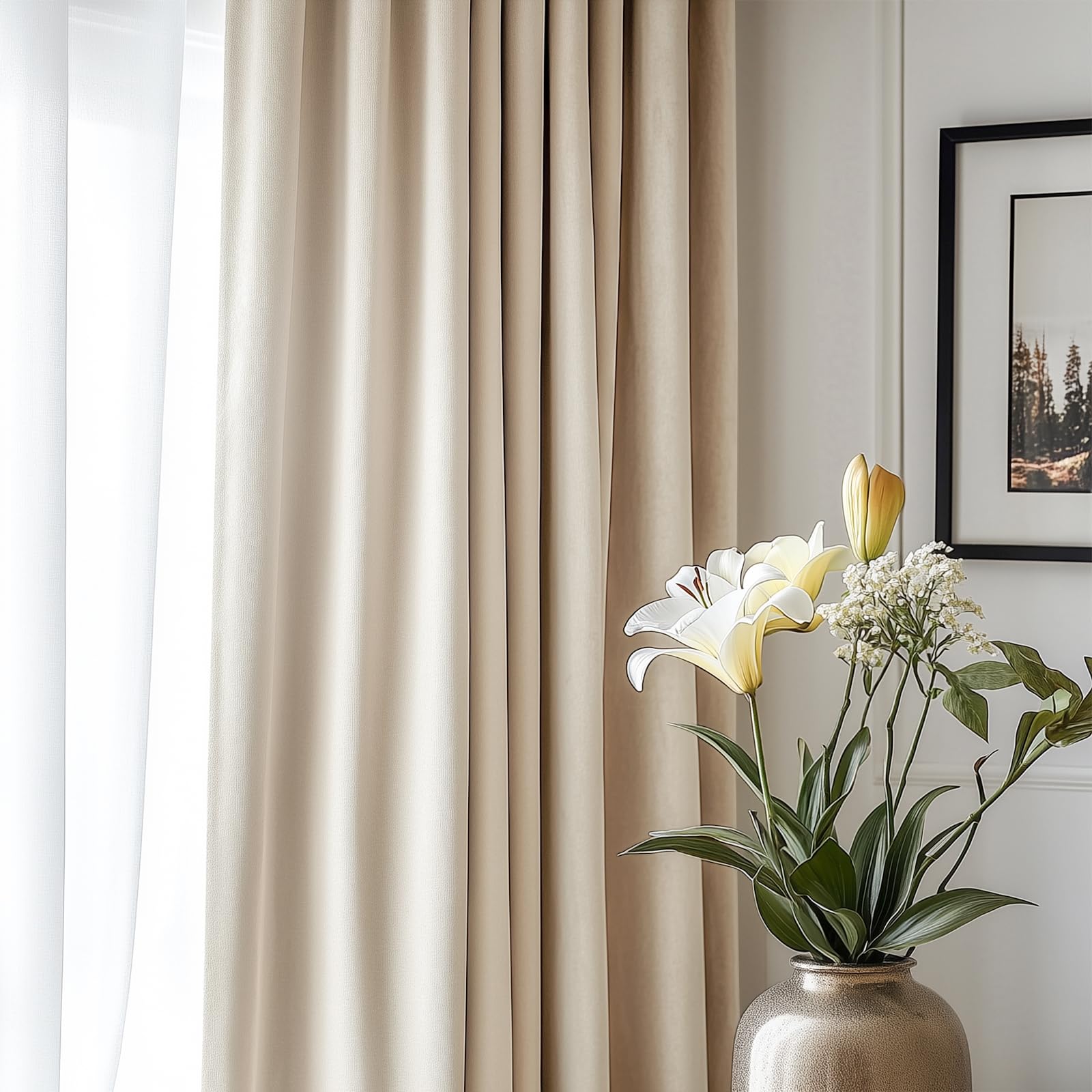Lazzzy Velvet Curtains Beige Thermal Insulated Curtains 108 Inch Extra Long Drapes For Bedroom Living Room Darkening Noise Reducing Soft Luxury Window Treatments Grommet Curtains 2 Panels Beige