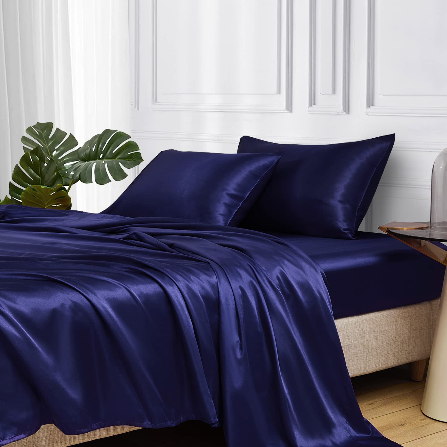 Mr&Hm Satin Bed Sheets, Full Size Sheets Set, 4 Pcs Silky Bedding Set With 15 Inches Deep Pocket For Mattress (Full, Navy Blue)