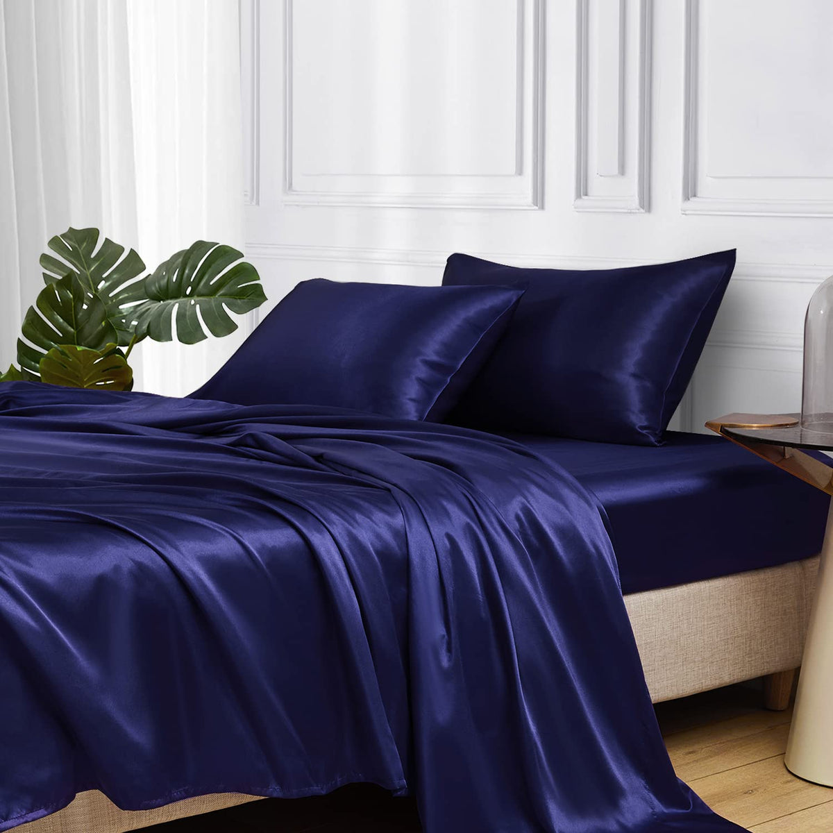 Mr&Hm Satin Bed Sheets, King Size Sheets Set, 4 Pcs Silky Bedding Set With 15 Inches Deep Pocket For Mattress (King, Navy Blue)