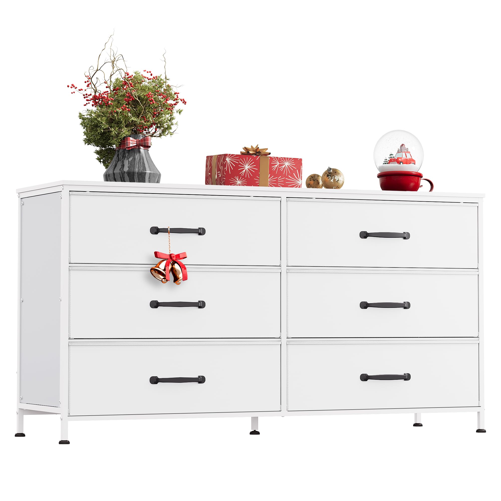Wlive Wide Fabric Dresser, 6 Drawer Dresser Tv Stand For 60' Tv, Dressers Bedroom Furniture Large Storage Tower Unit With Fabric Bins, White Dresser For Bedroom, Closet, Hallway, White