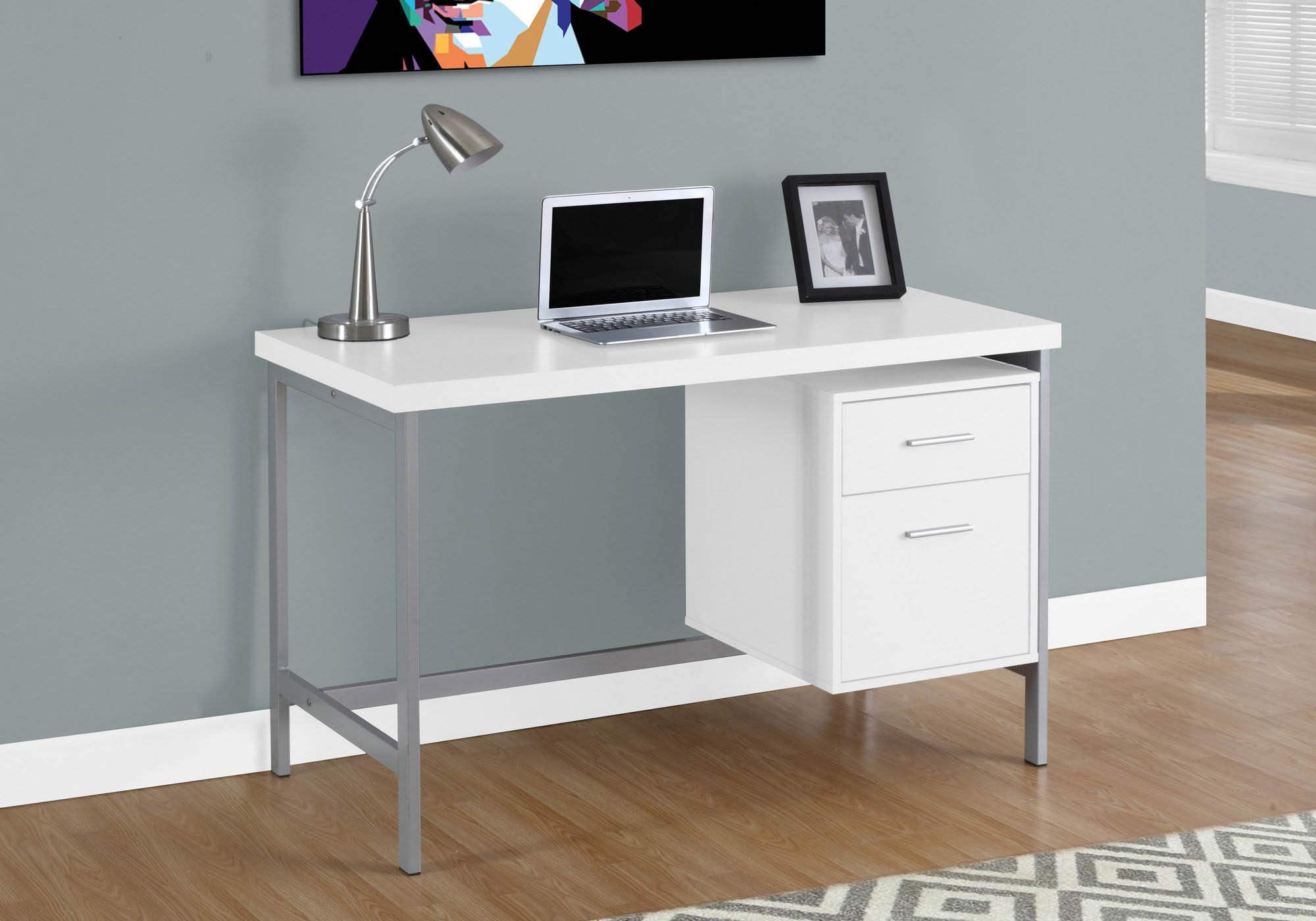 Monarch Specialties Contemporary Laptop Table With Drawer And File Cabinet Home & Office Computer Desk-Metal Legs, 48&quot; L, White-Silver