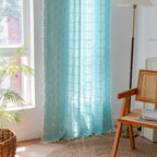 Sutuo Home Boho Curtain Plaids For Bedroom, Semi Blackout Linen Farmhouse Tassels Window Treatment Bohemian Embroidery Drape For Home Decor, Rod Pocket 1 Panel 52' W X 84' L, Aqua Blue