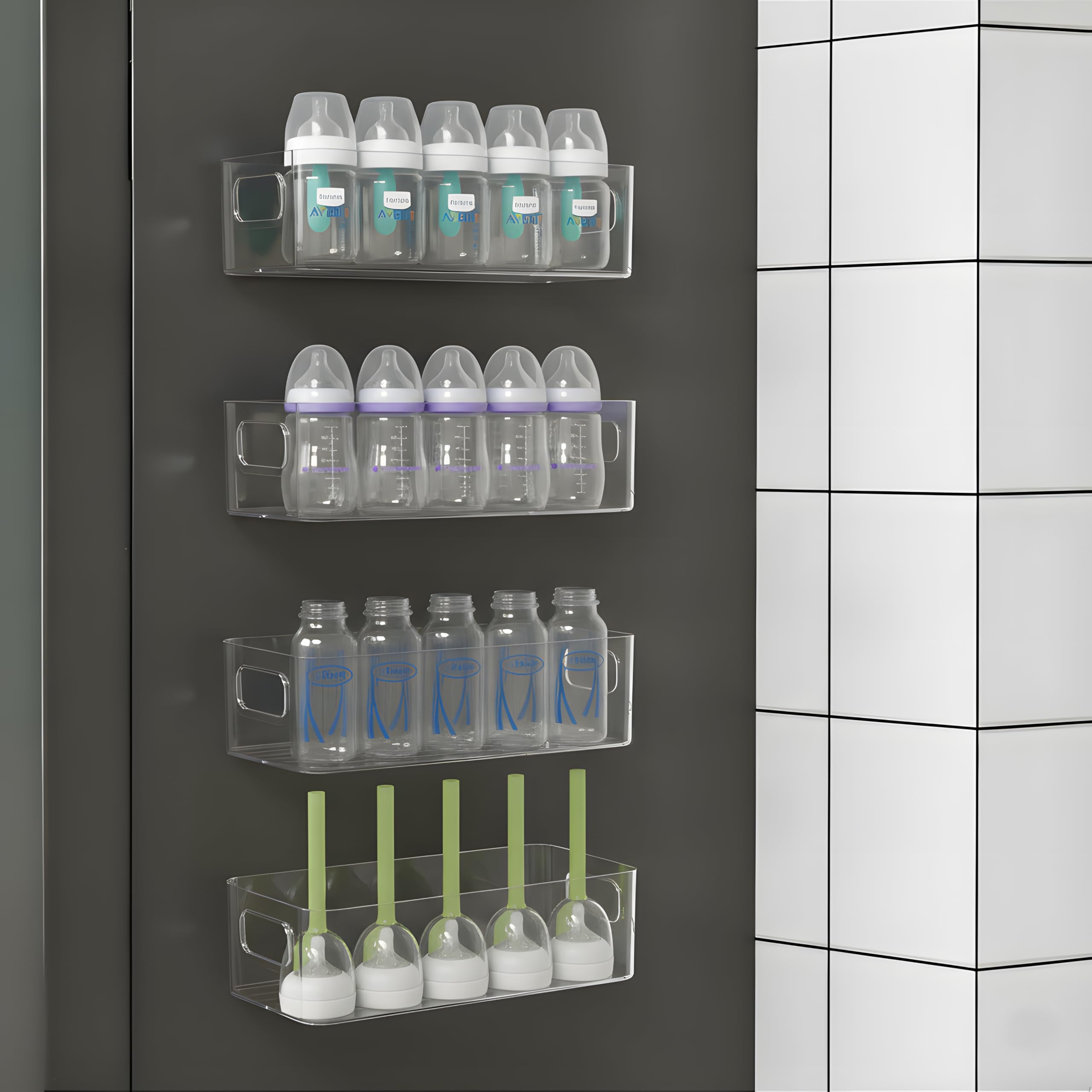 MGY 4Pack Clear Magnetic Baby Bottle Organizer for Refrigerator, Space-Saving Storage for Baby Bottles,Bottle Organizer for kitc