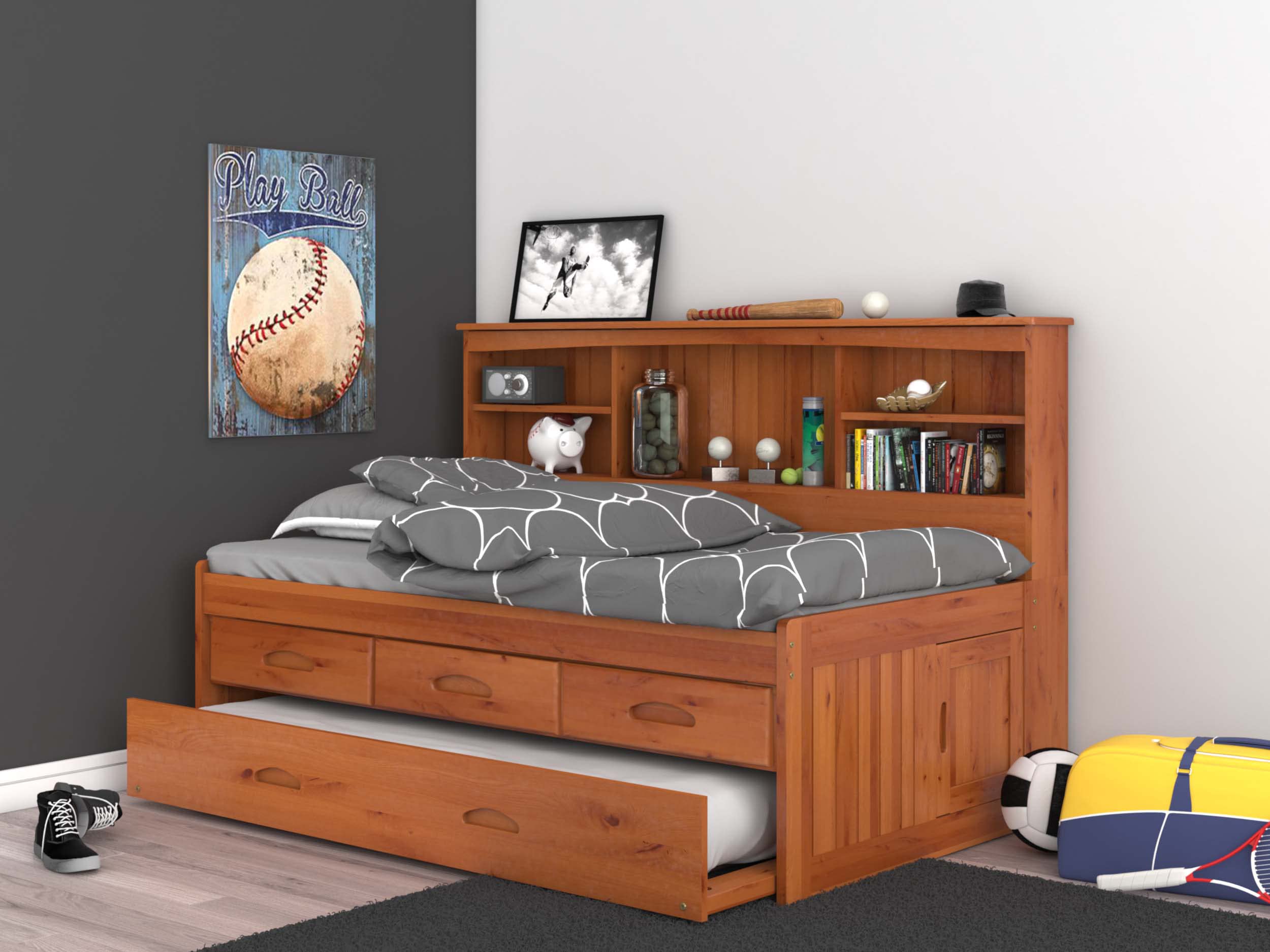 OS Home and Office Furniture Model 82122K3-22, Solid Pine Twin Daybed with 3 Sturdy Drawers and a Twin Sized Trundle in Warm Honey
