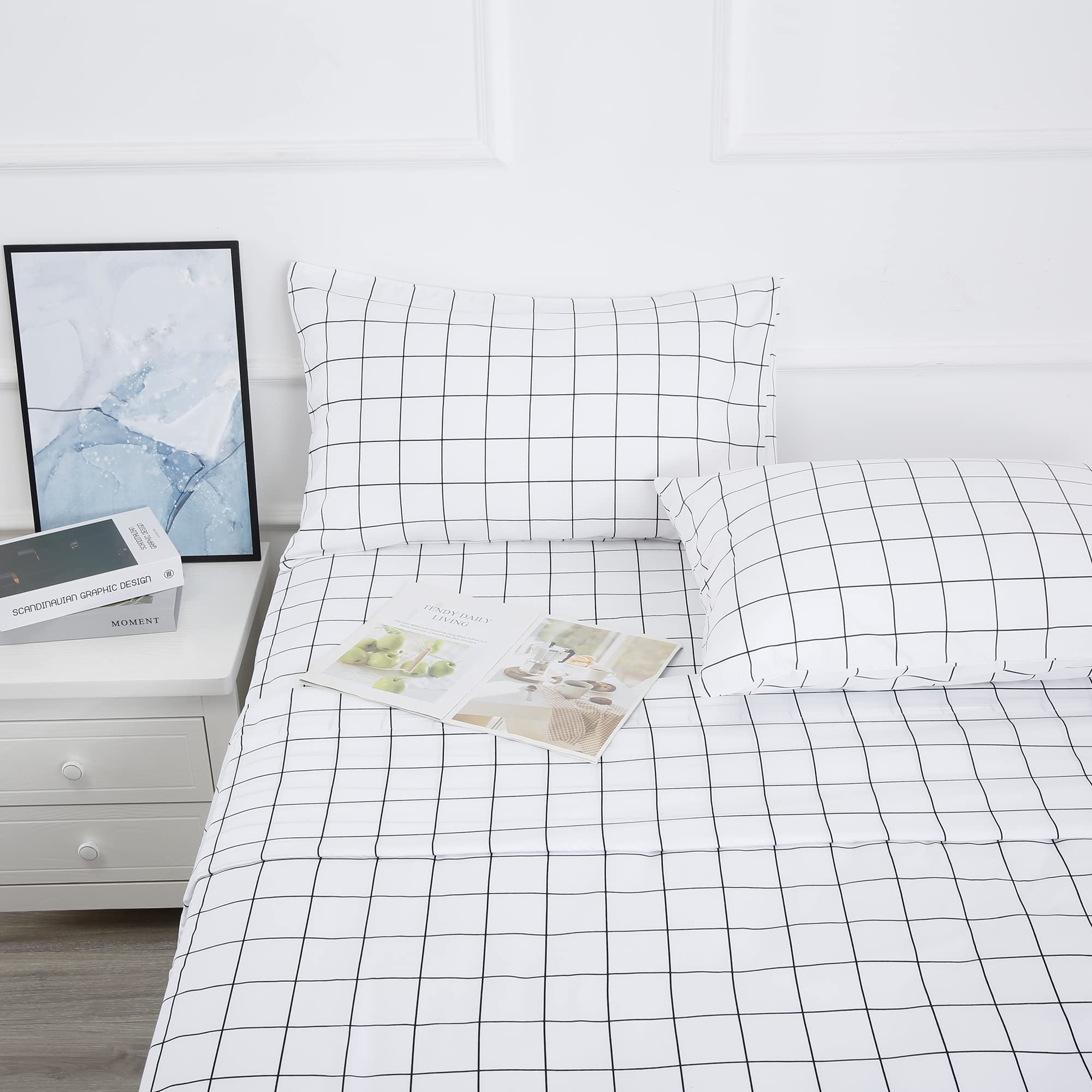 Printed Plaid Bed Sheet Set 4 Piece- Full Size- Breathable- Super Soft, Deep Pocket,Stain,Fade & Wrinkle Resistant Breathable Be