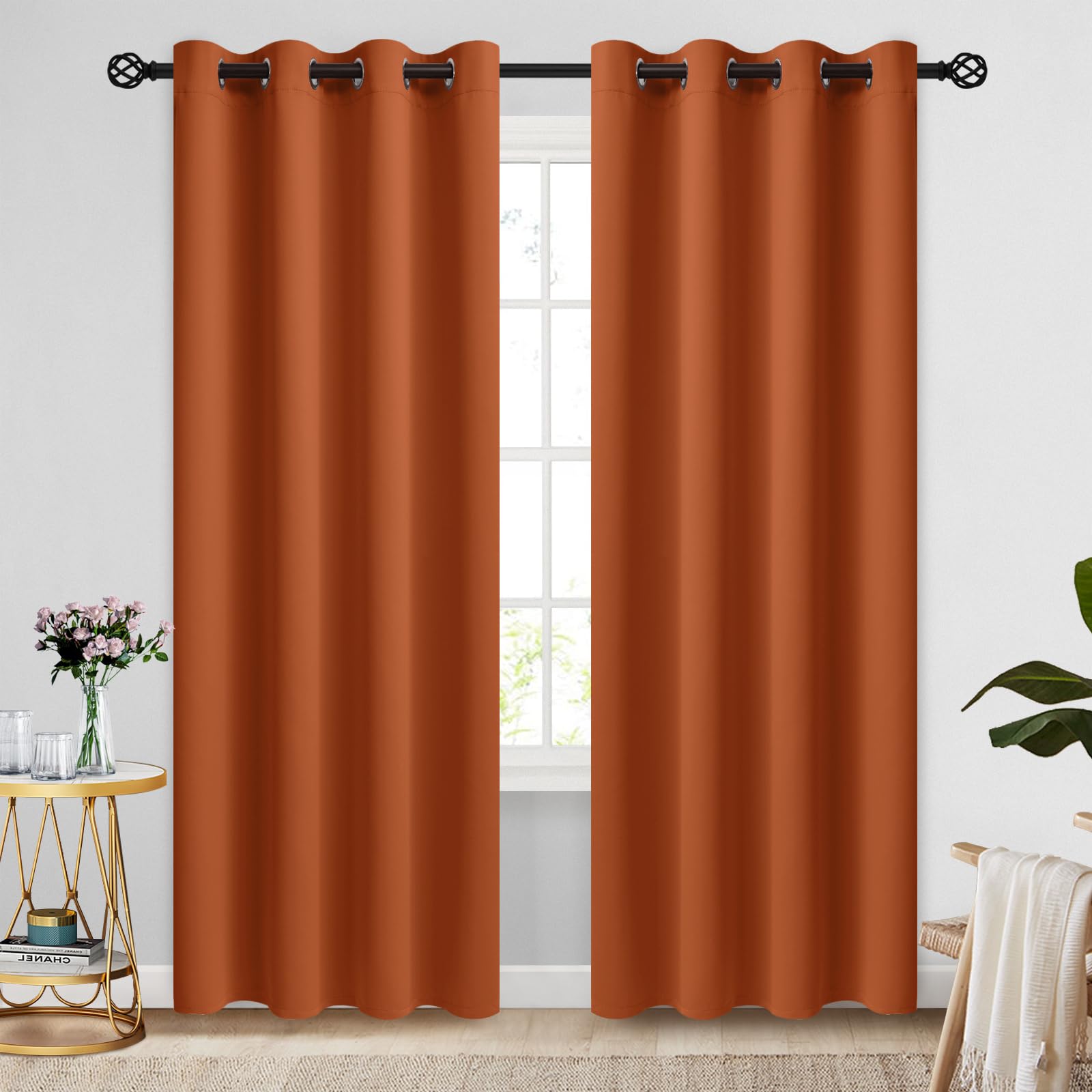 Cosviya Grommet Blackout Room Darkening Orange Curtains 84 Inch Length 2 Panels,Thick Polyester Light Blocking Insulated Thermal