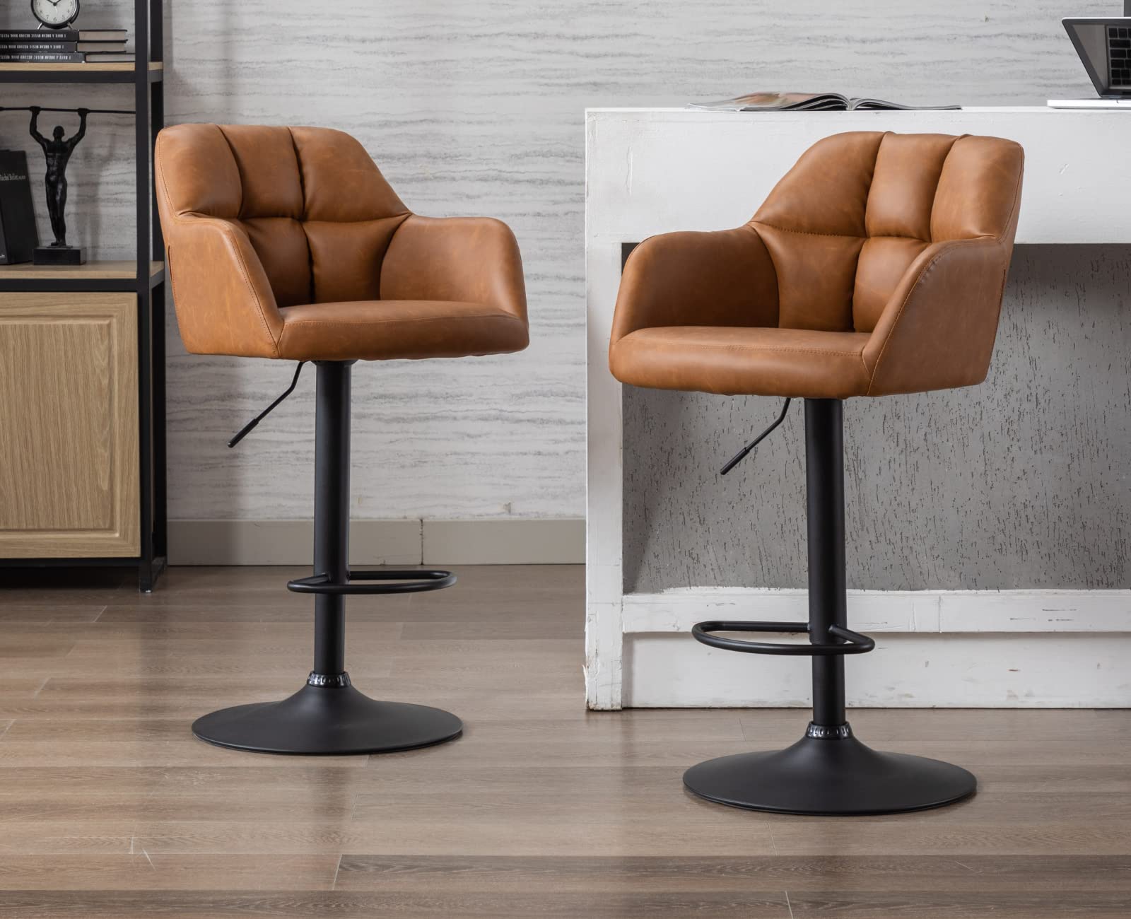 EALSON Modern Swivel Bar Stools Set of 2 Leather Counter Height Barstools with Back and Arms Adjustable Bar Stool Chairs with Me