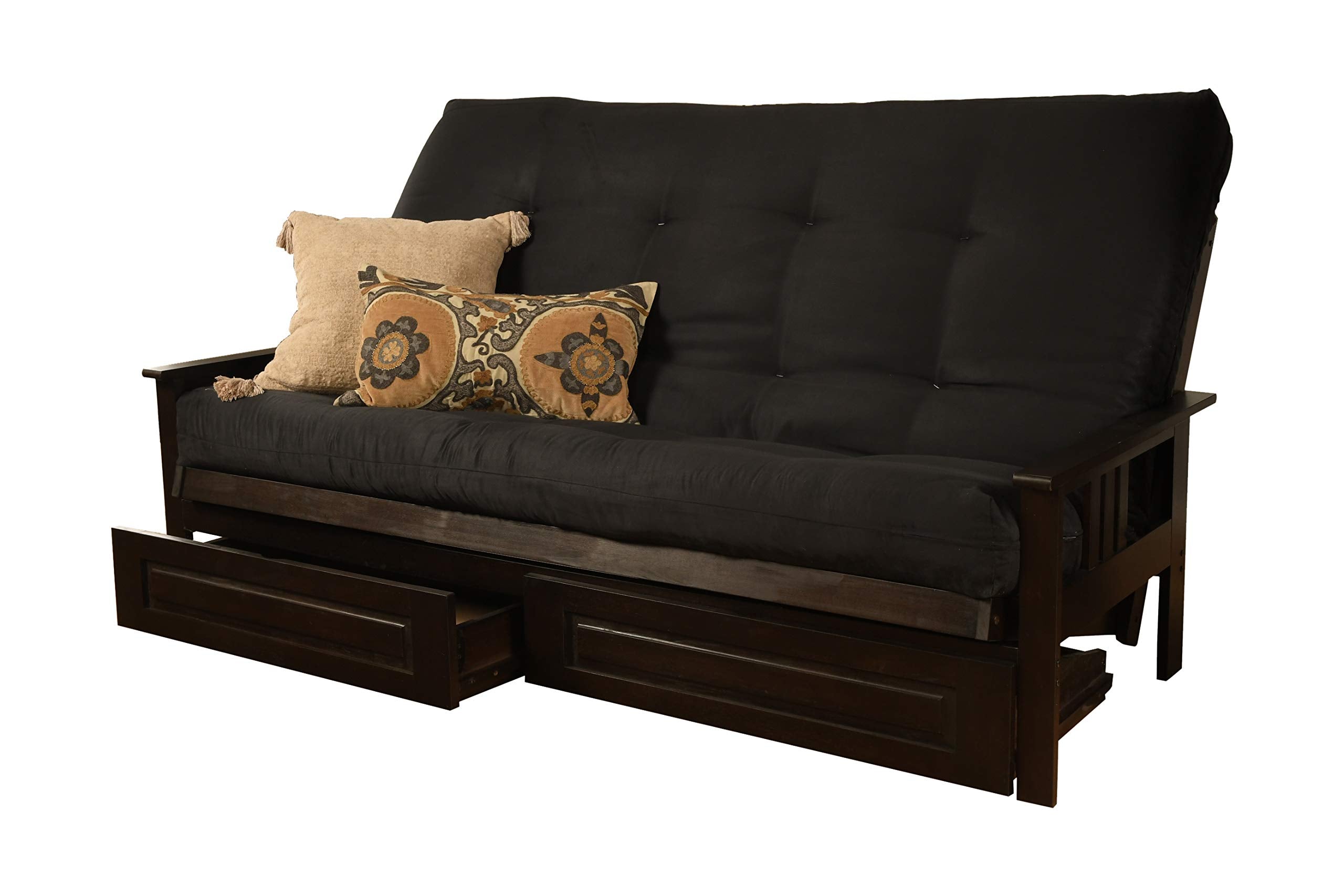 Kodiak Furniture Monterey Queen-Size Futon, Storage Drawers, Espresso Finish With Suede Black Mattress