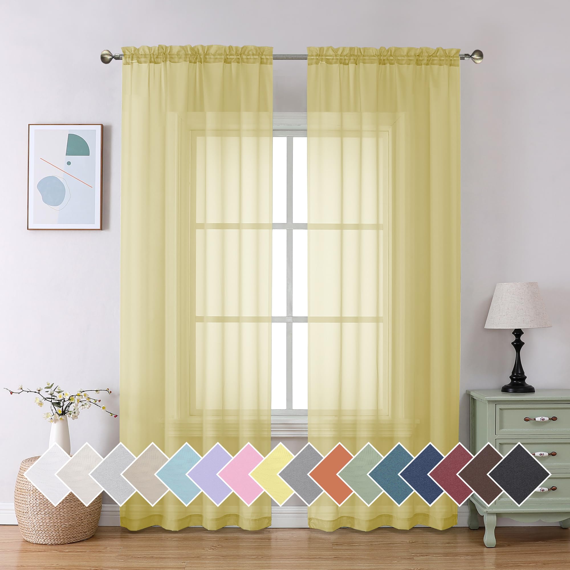 Aiyufeng Yellow Sheer Curtains 2 Panel Sets 84 Inches Long - Transparent Light Weight Soft Yellow Window Treatment Panels For St