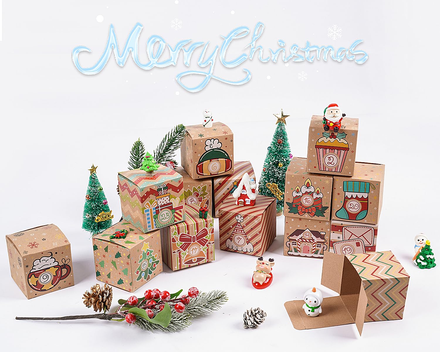 Elephant-Package 24 Pcs Diy Kraft Paper Christmas Advent Calendar Boxes, 24 Days Advent Countdown Gift Boxes, Christmas Cardboar