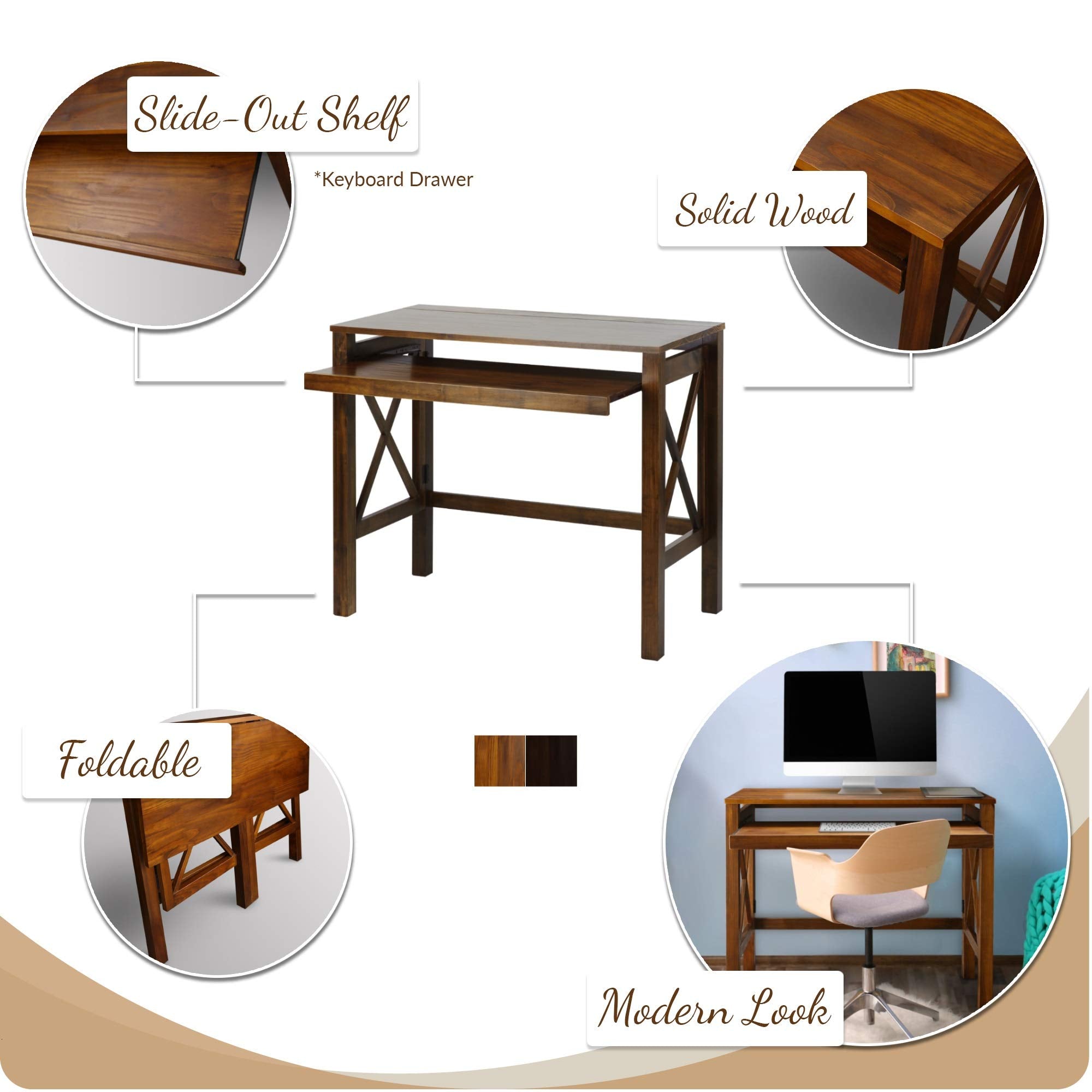 Casual Home Montego Folding Desk With Pull-Out Tray-Warm Brown