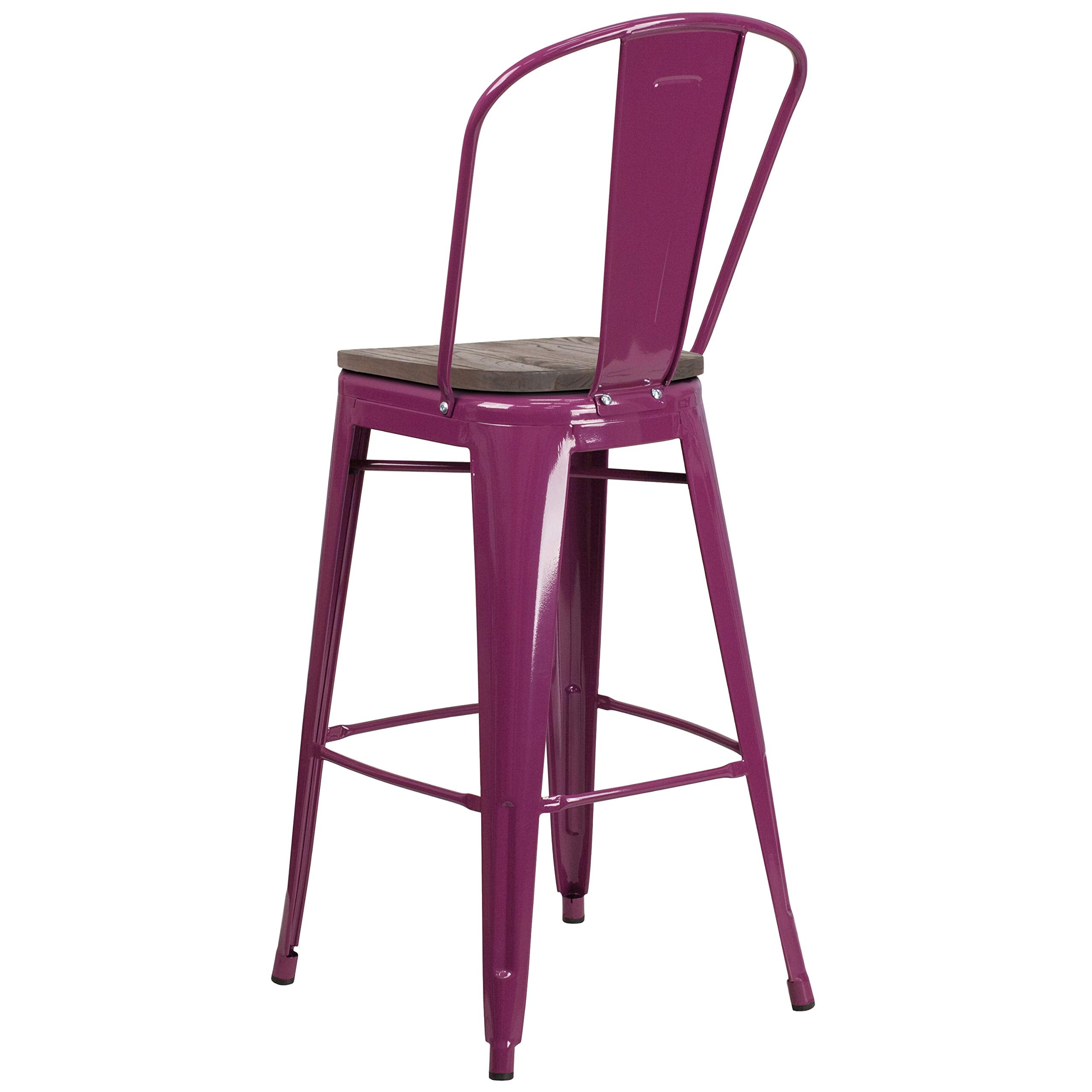Flash Furniture 30&quot; High Purple Metal Barstool With Back And Wood Seat