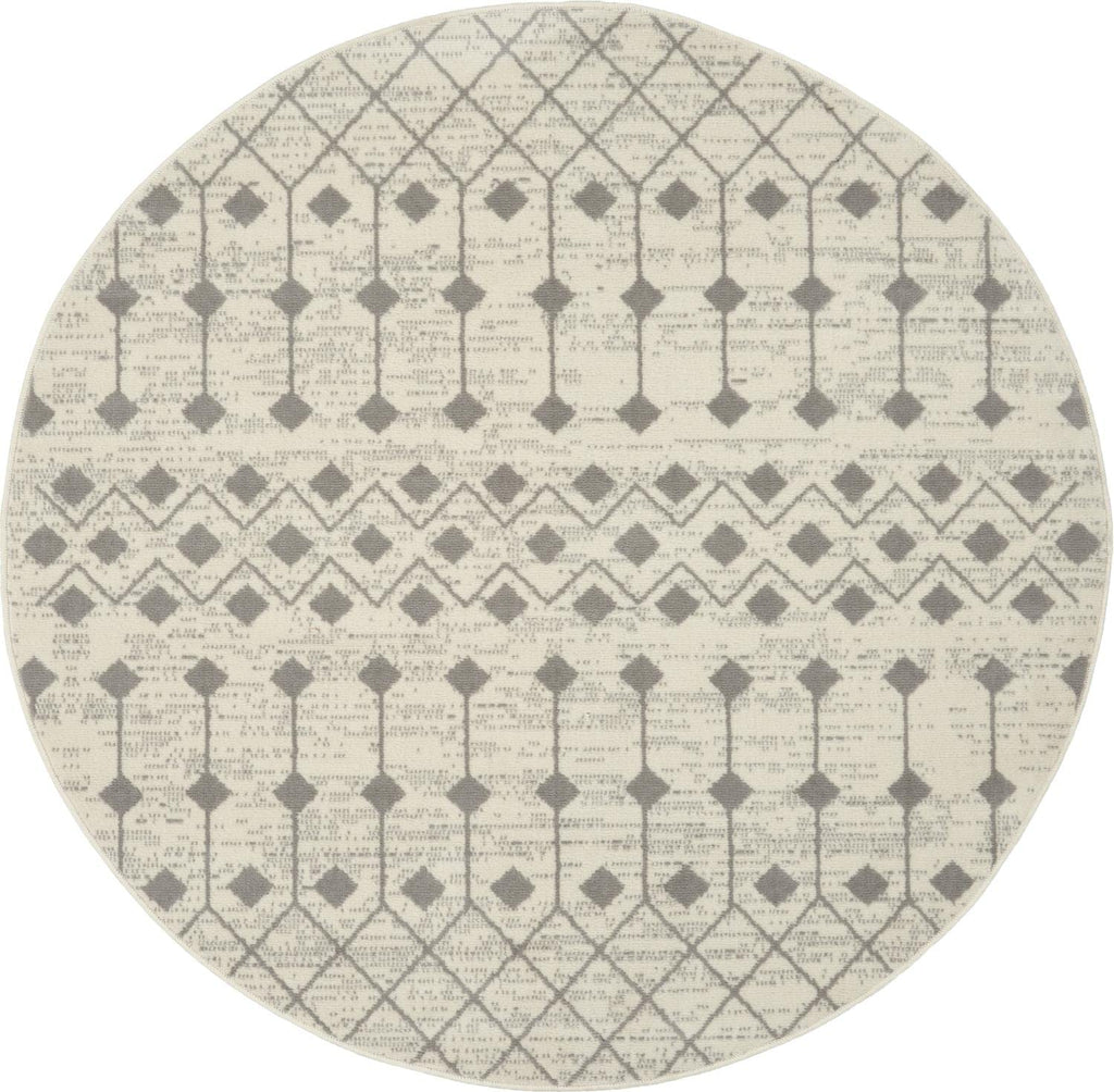 Nourison Grafix Moroccan Ivory/Grey 8' X Round Area Rug, Easy Cleaning, Non Shedding, Bed Room, Living Room, Dining Room, Kitche
