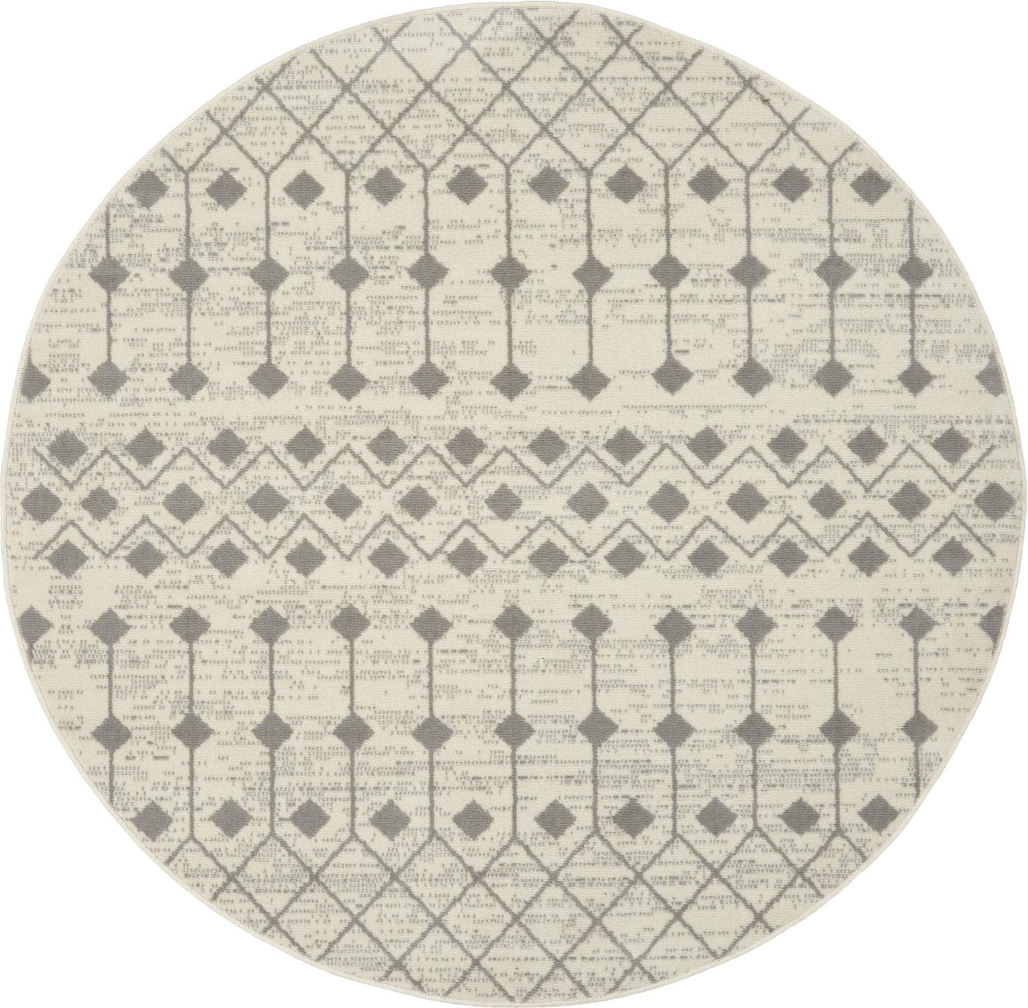 Nourison Grafix Moroccan Ivory/Grey 8' X Round Area Rug, Easy Cleaning, Non Shedding, Bed Room, Living Room, Dining Room, Kitche