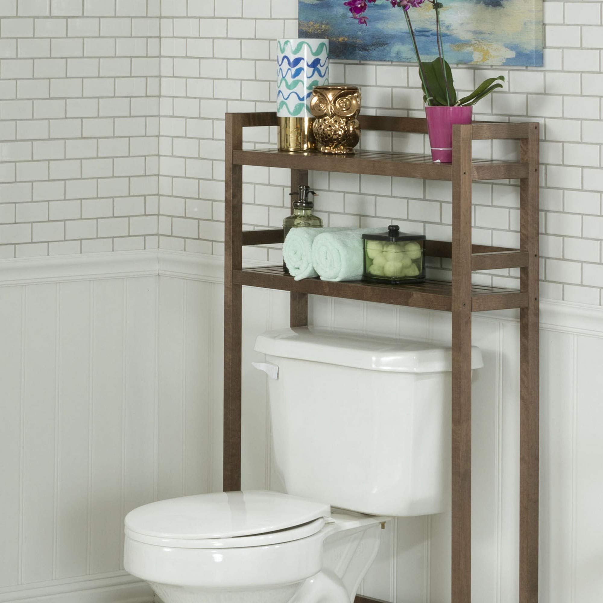 HomeRoots Brown Hardwood 48&quot; Chestnut Finish 2 Tier Solid Wood Over Toilet Organizer