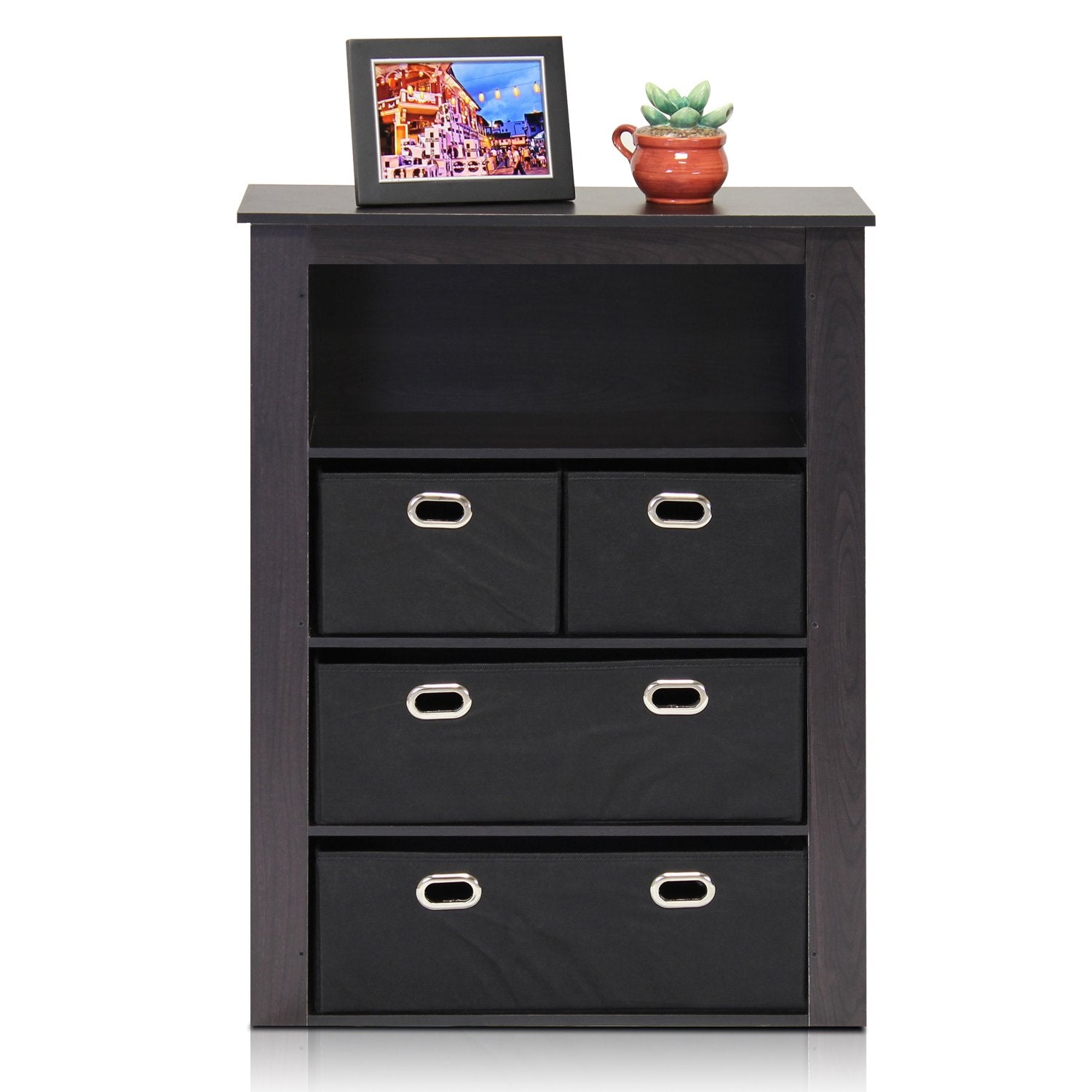 Furinno Econ Hallway Console Table With 4 Foldable Bins, Espresso/Black