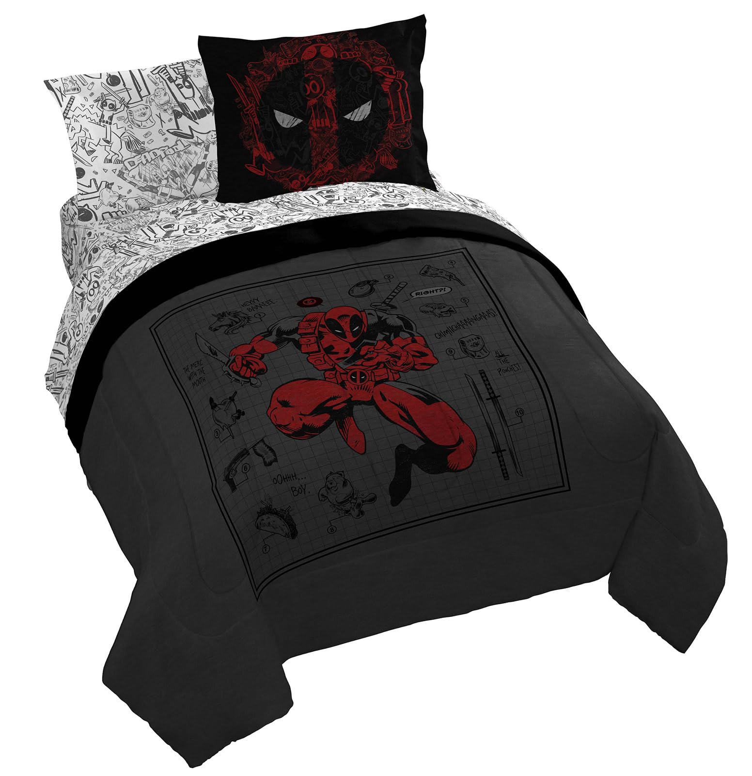 Jay Franco Marvel Deadpool Queen Size Comforter Set - 7 Piece Bedding Includes Sheet Set And Pillow Covers - Gray And Red Super