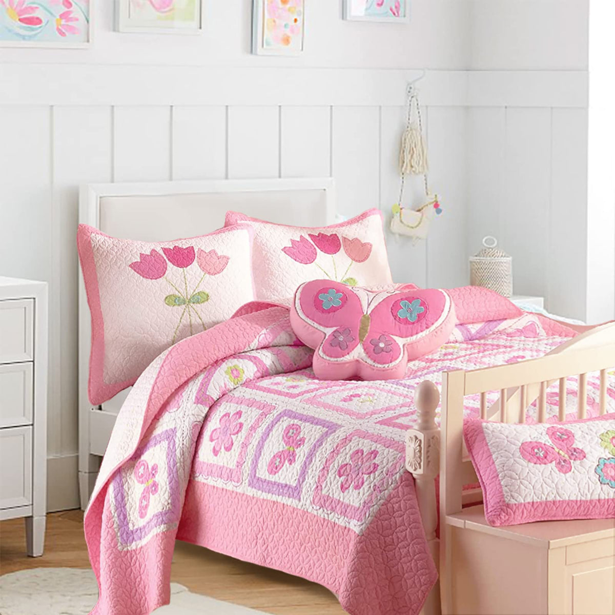 Cozy Line Home Fashions Pink Butterfly Tulip Floral Print Girl 100% Cotton Reversible Quilt Bedding Set, Coverlet, Bedspread (Tw