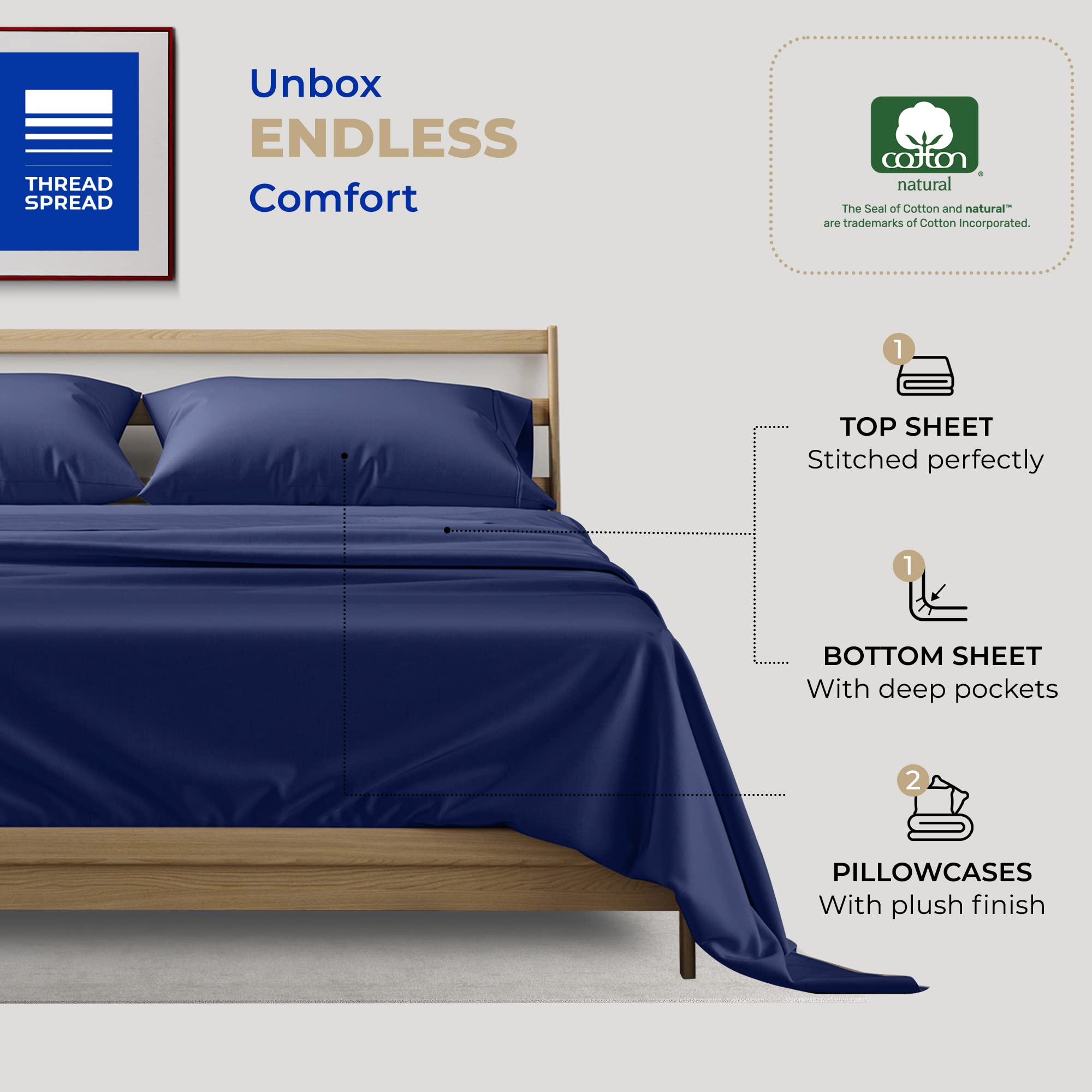 Thread Spread 100% Cotton California King Sheet Sets - 400 Thread Count 4 Pc Cal King Sheet Set - Soft, Breathable Cooling Sheets - Deep Pocket Cal King Cotton Bedsheets - Sateen Bedsheet (Navy Blue)