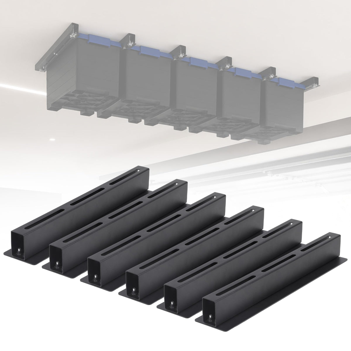 FULUPET Garage Ceiling Storage Racks for 5 Bins, 17 Heavy Duty Steel Rails, Overhead Garage Storage Rack for 27 Gallon Totes, P