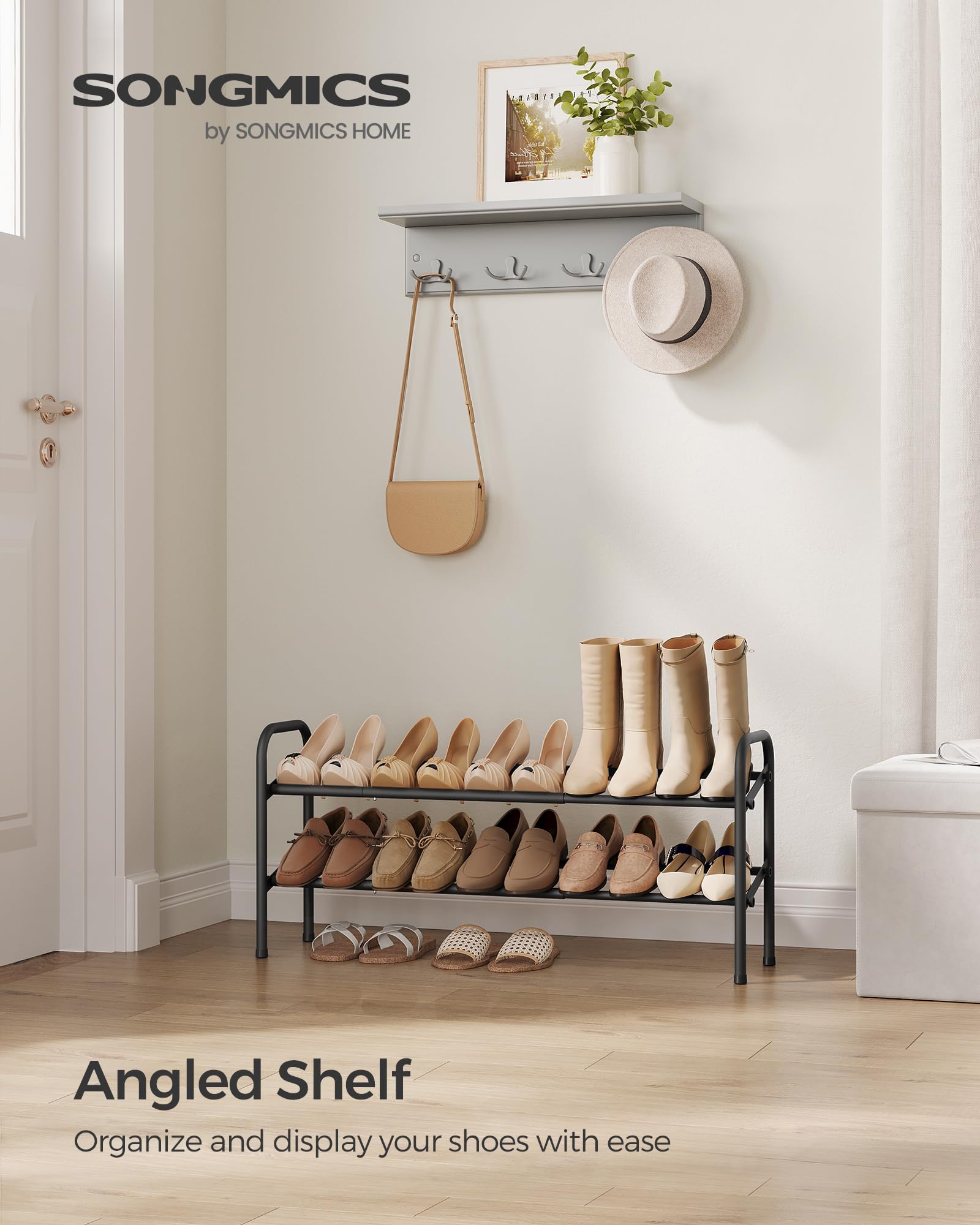 Songmics Expandable Shoe Rack, 2 Tier Shoe Rack Shelf, Adjustable Shoe Organizer Storage For 15 Pairs Of Shoes, Metal Free Standing Shoe Racks For Closet, Front Door Entryway, Easy Assembly, Ink Black