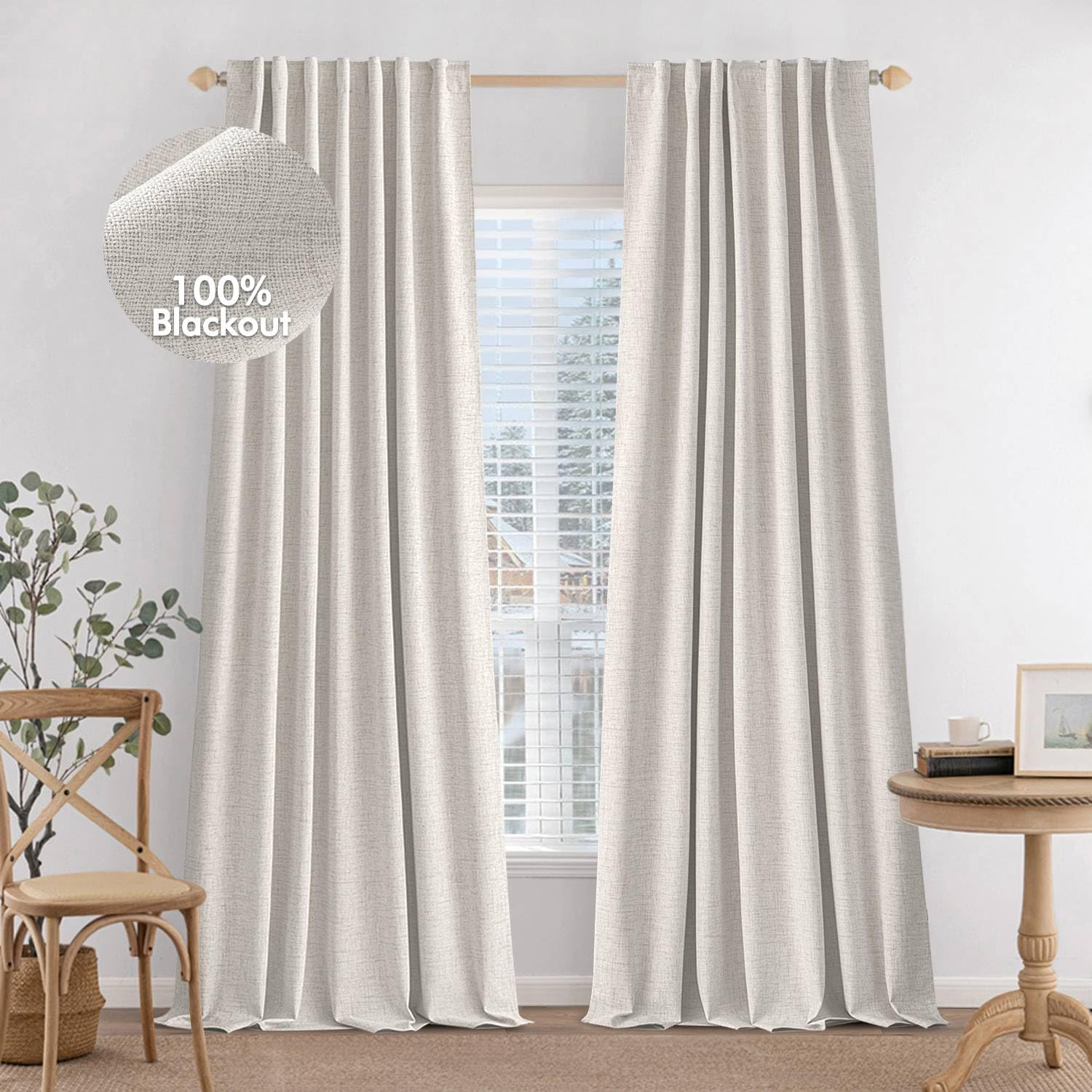 Miulee 100% Blackout Curtains 84 Inches Long Linen Curtains & Drapes 2 Panels Set For Bedroom Back Tab Living Room Darkening Full Black Out Window Curtain Panels Rod Pocket, Beige