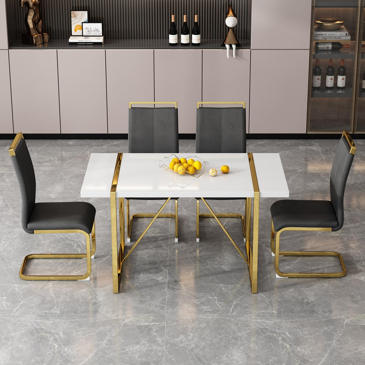 Ebullient White Dining Table Set For 4,Rectangular Mdf Dining Table And Black Faux Leather Dining Chairs, 5 Piece Dining Table S